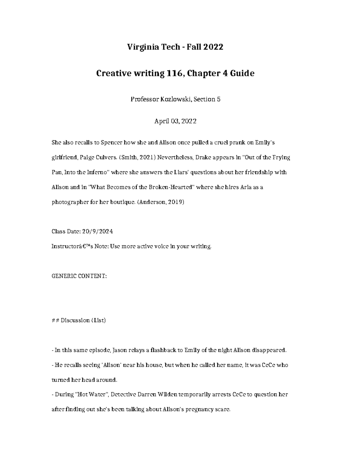 Creative Writing 116 Chapter 4 Guide - Virginia Tech - Fall 2022 ...