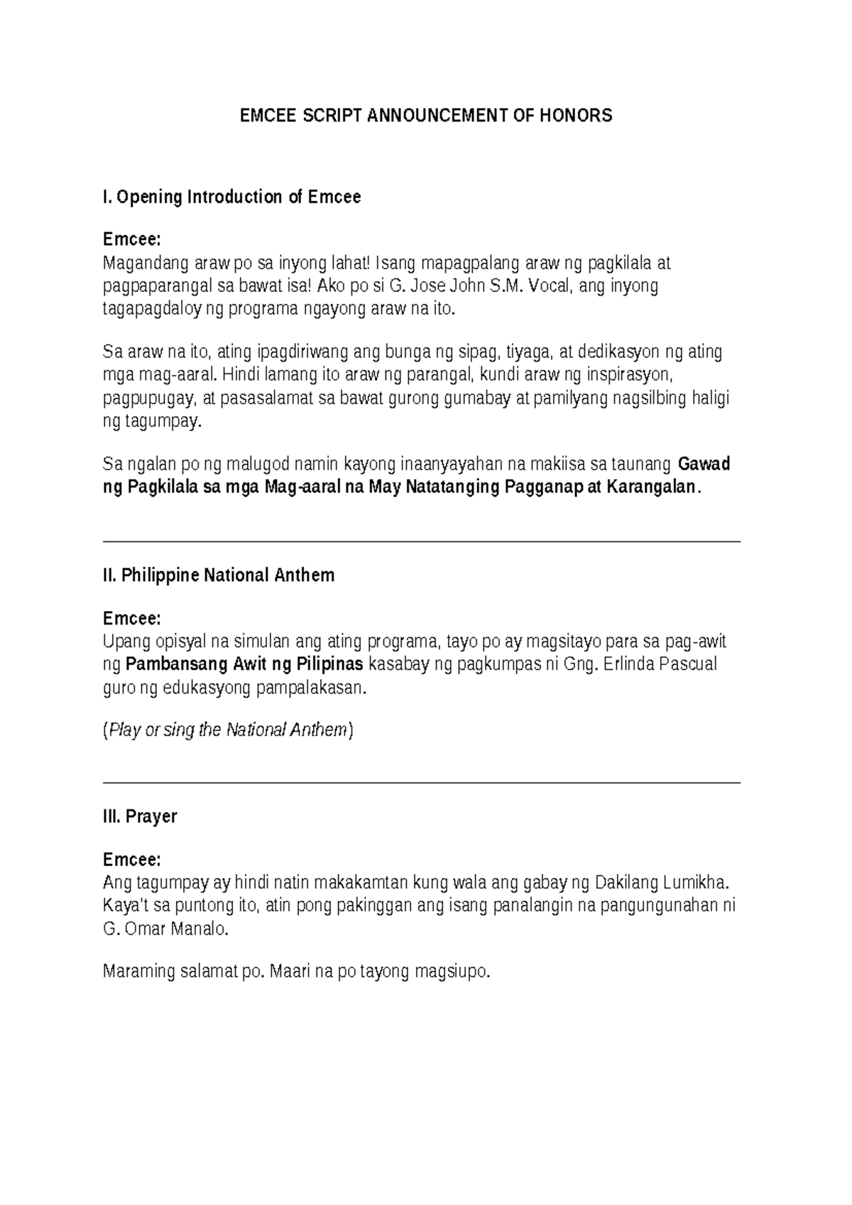 EMCEE SCRIPT FOR ANNOUNCEMENT OF HONORS EVENT - Studocu