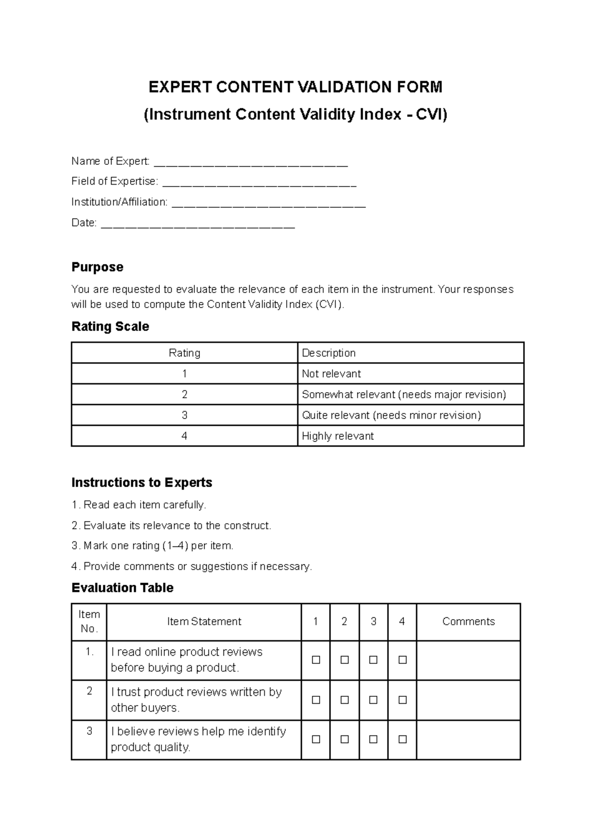 Expert CVI Validation Form for Content Validity Assessment - Studocu