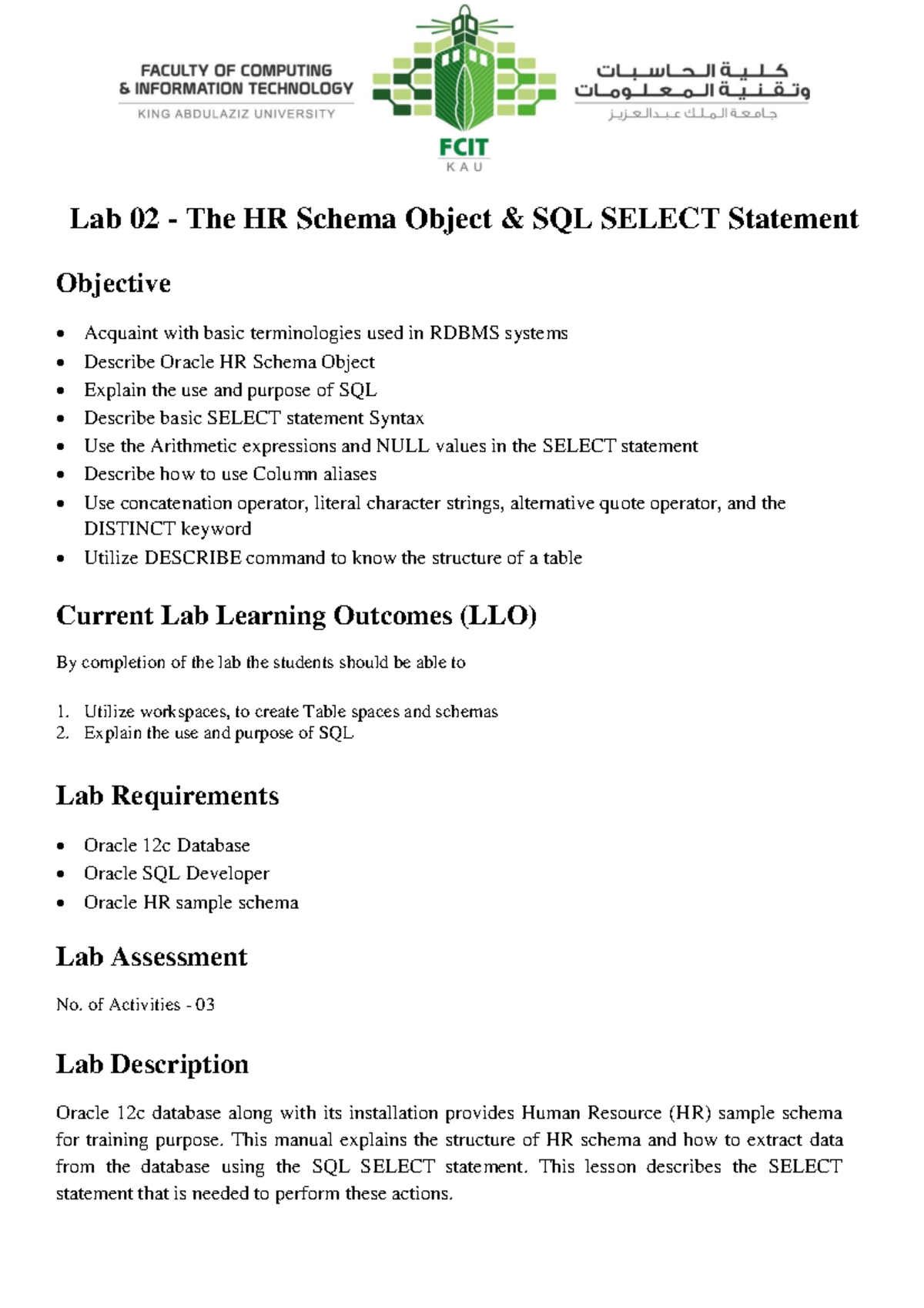 Lab 02 - The HR Schema Object & SQL SELECT Statement - Lab 02 - The HR ...