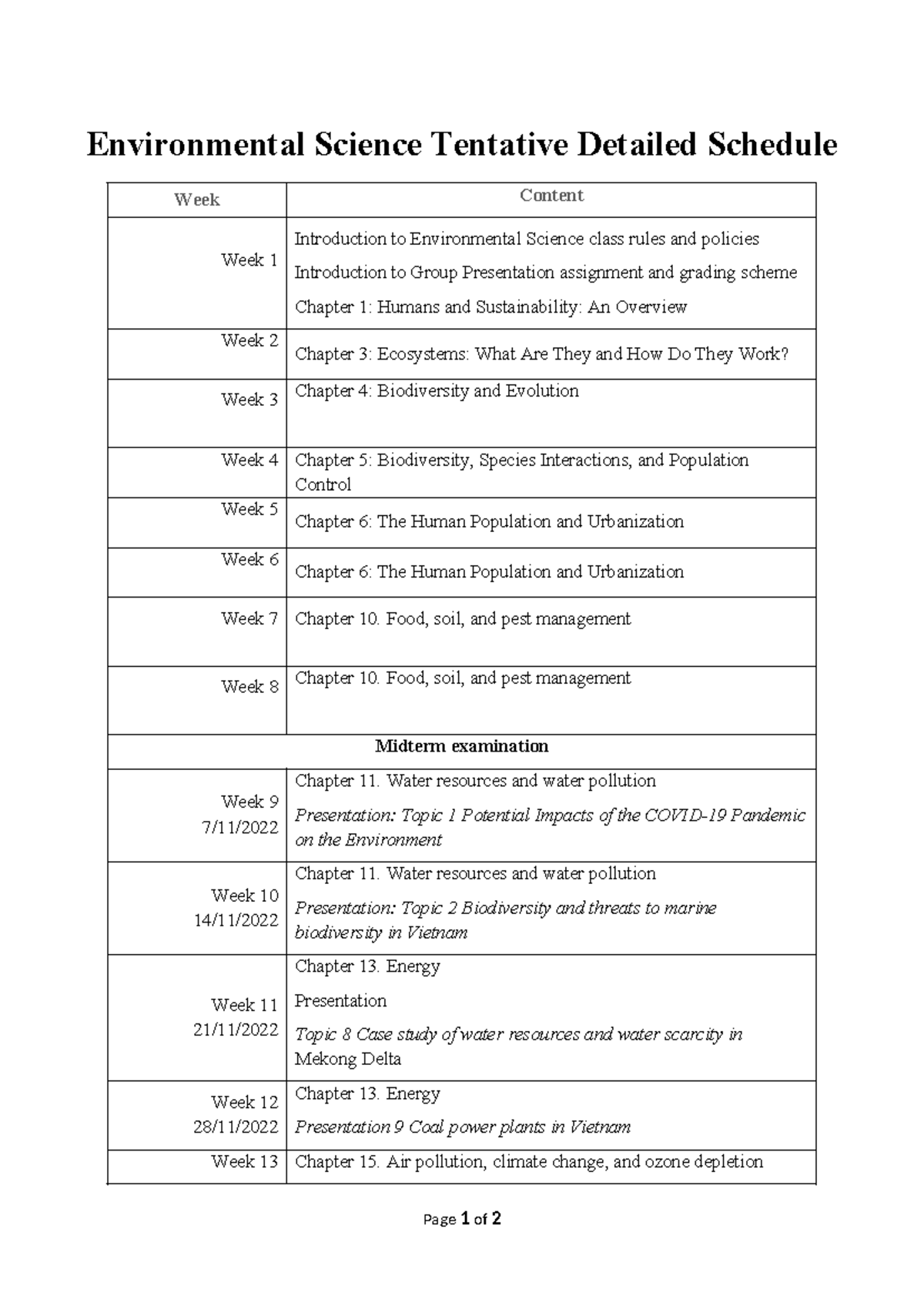 ENV 101: Tentative Schedule for Environmental Science Course - Studocu