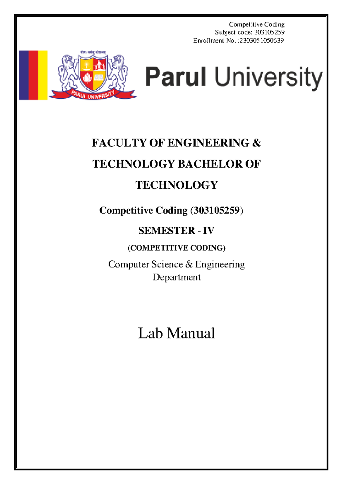 CC Lab Manual 2024-25 rohit - Subject code: 303105259 Enrollment No ...