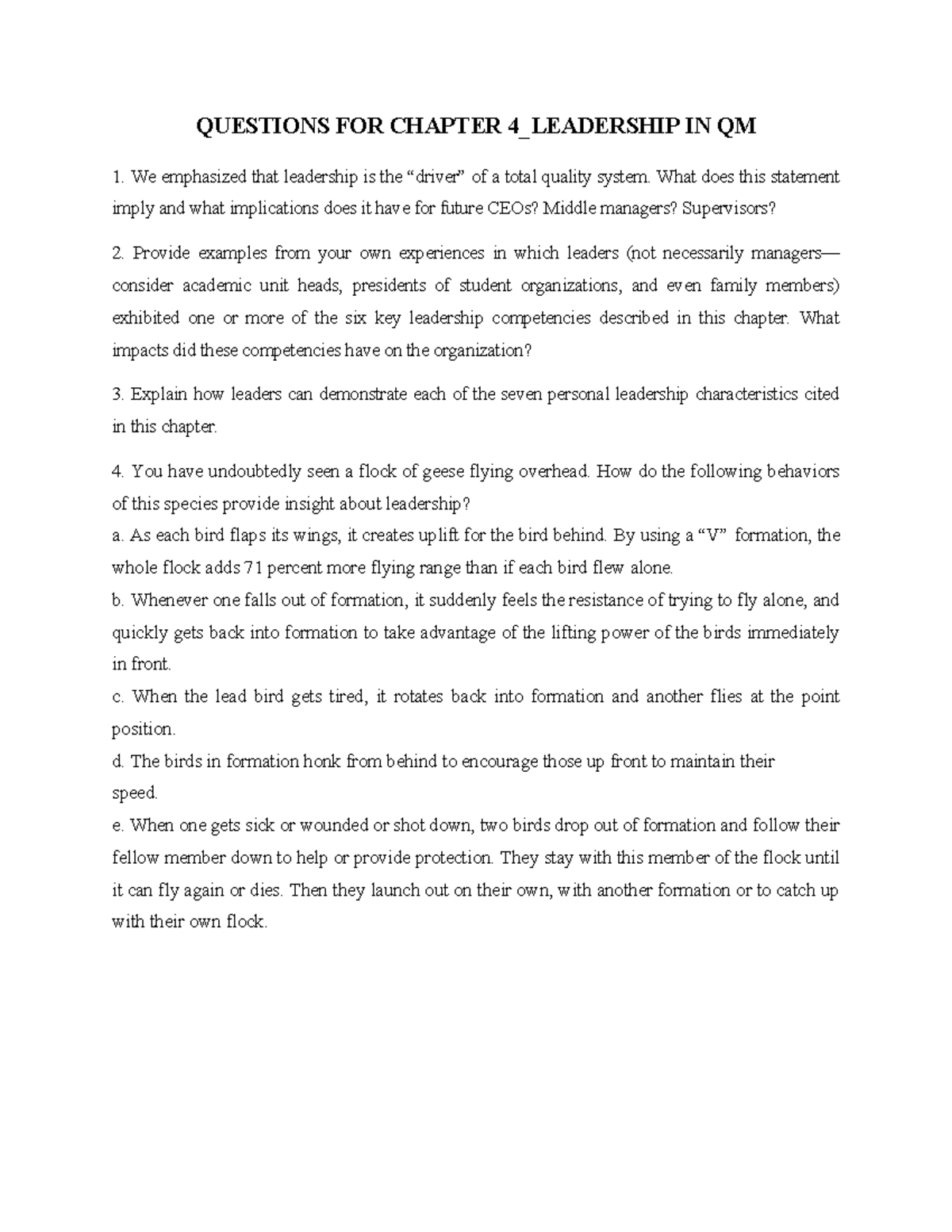 Chapter 4 Questions: Leadership Insights in QM - Studocu