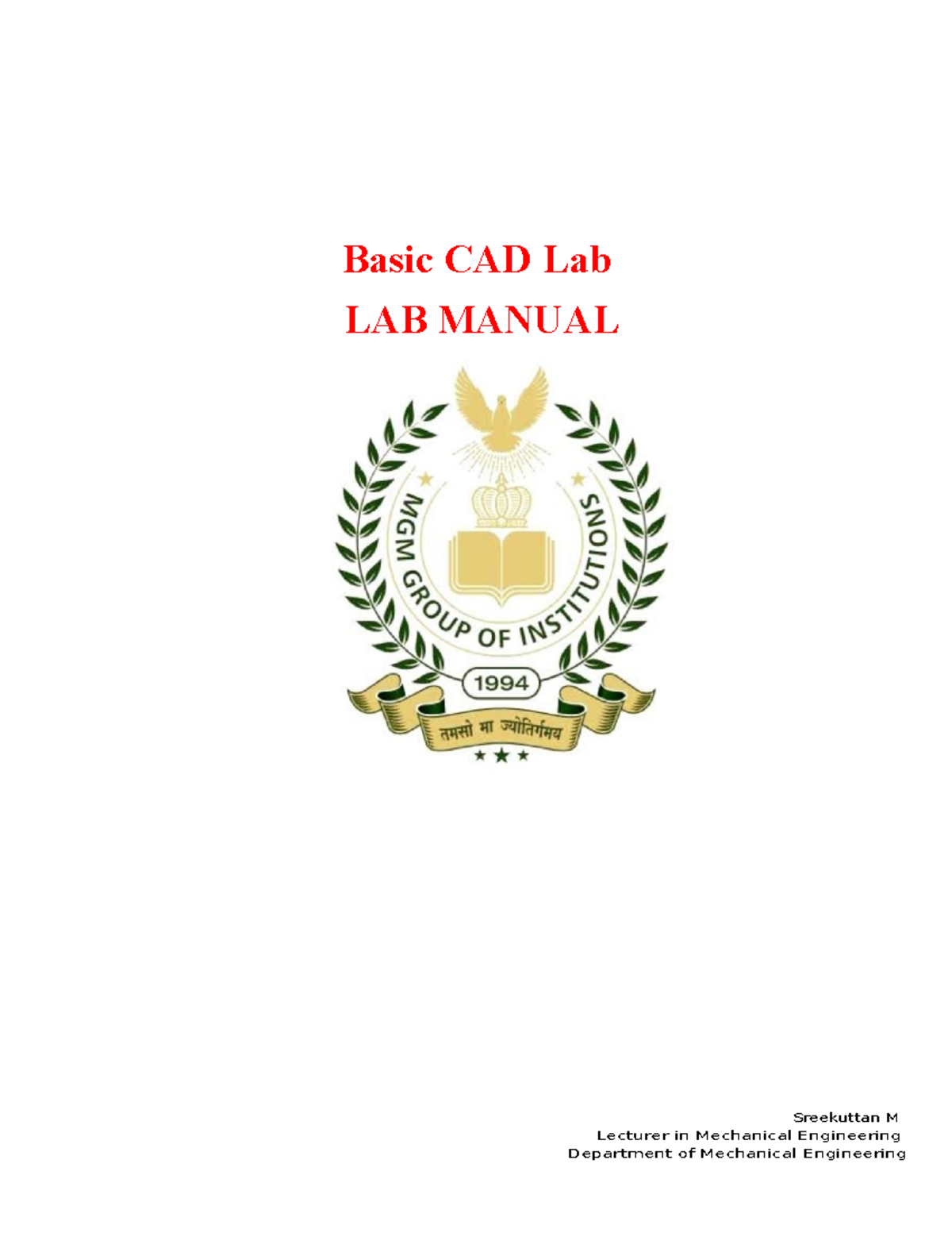 CADD I - Final Lab Manual: 2D Modelling Experiments and Procedures ...