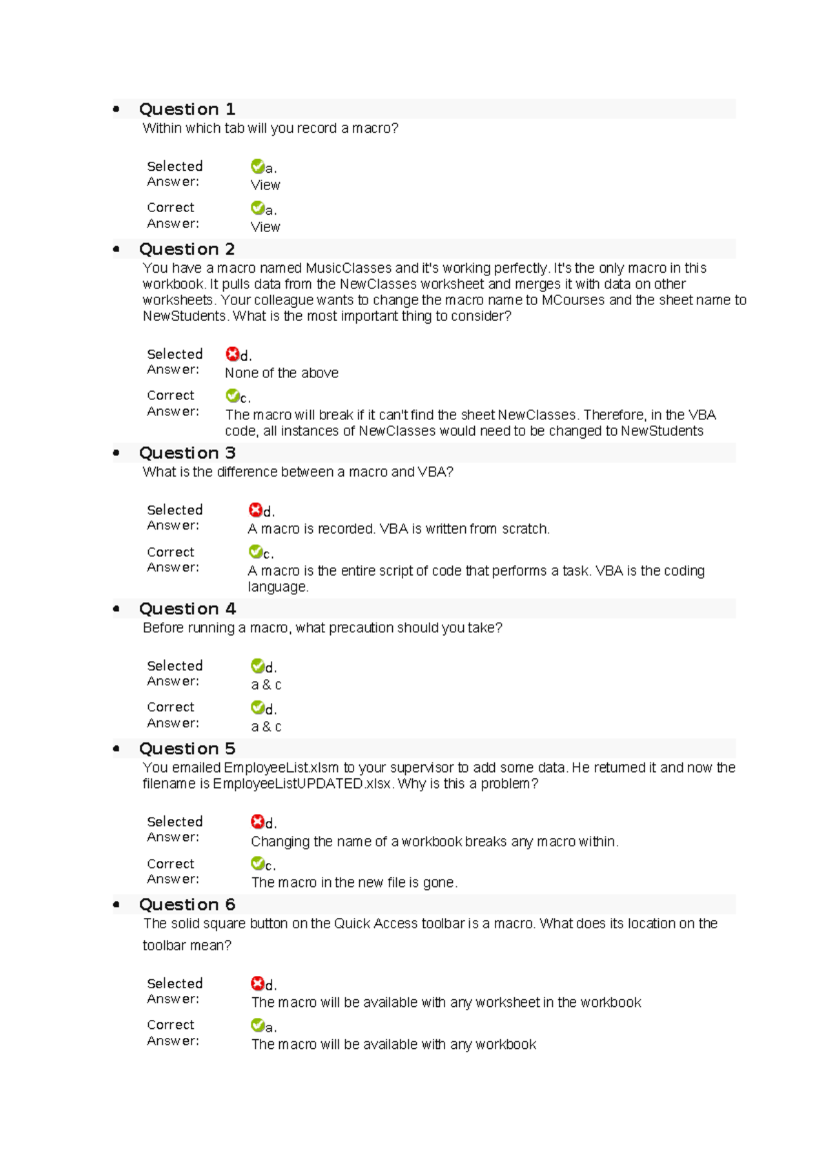 Excel Quiz 12 - Answer Key for Macro and VBA Concepts - Studocu