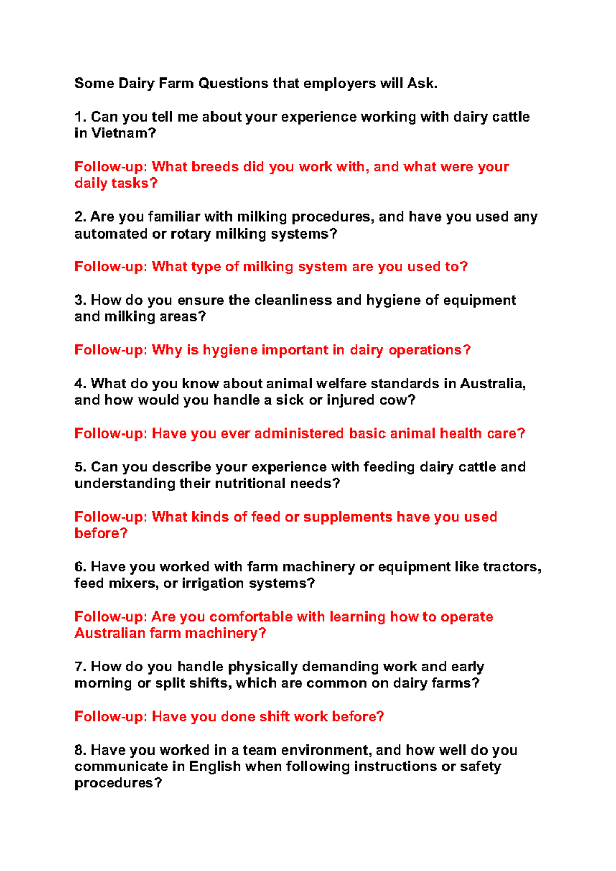 Dairy Farm Interview Prep: Key Questions for Employers - Studocu