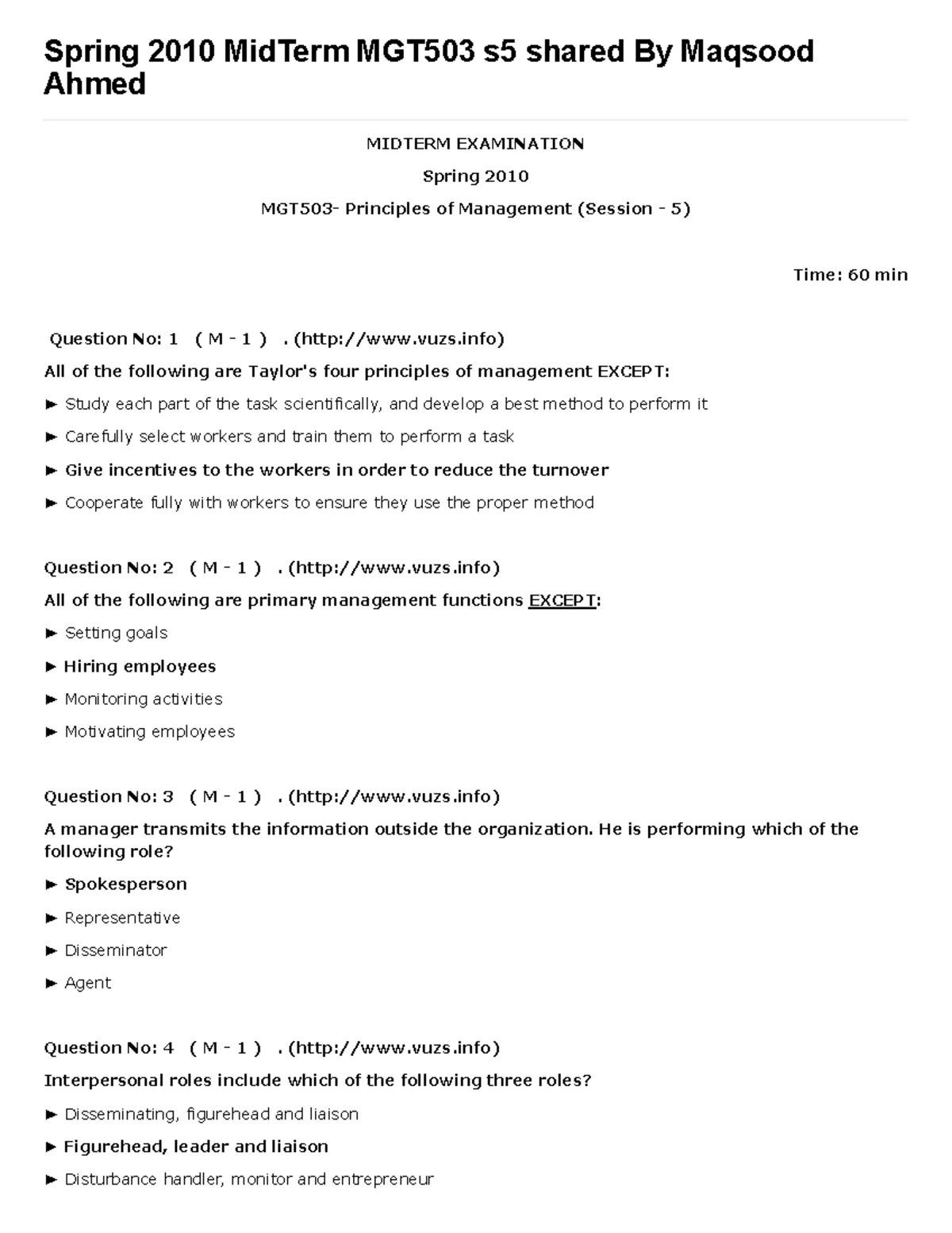 MGT503 Midterm Exam Solutions - Principles of Management (Spring 2009 ...