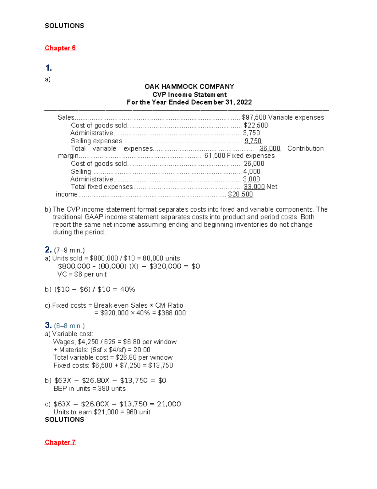 Practice Solutions for CVP Analysis and Financial Statements (Chapters ...
