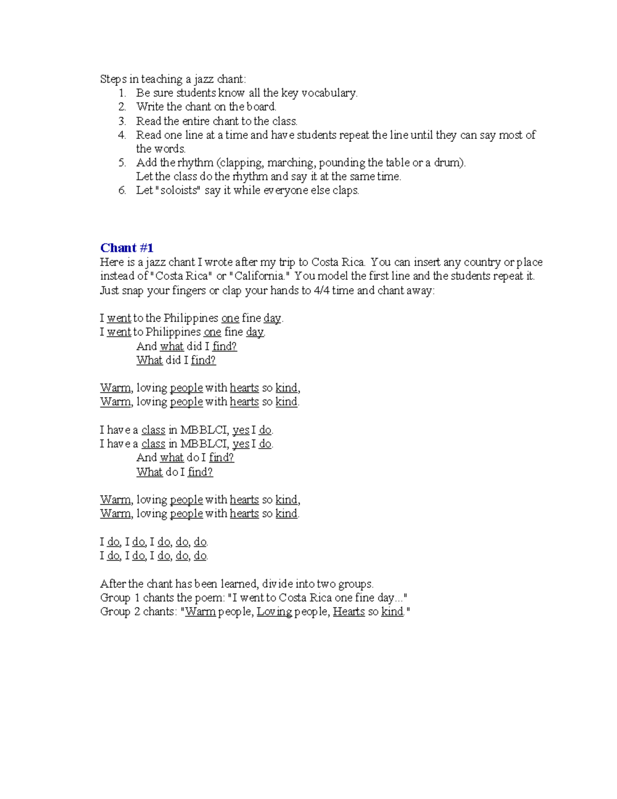 Jazz Chants Teaching Steps and Examples for MBBLCI Class - Studocu