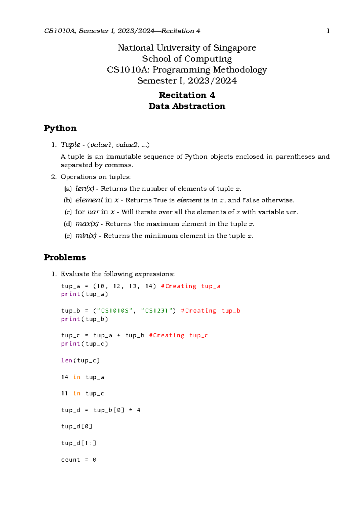 CS1010A Recitation 4: Data Abstraction in Python Tuples - Studocu