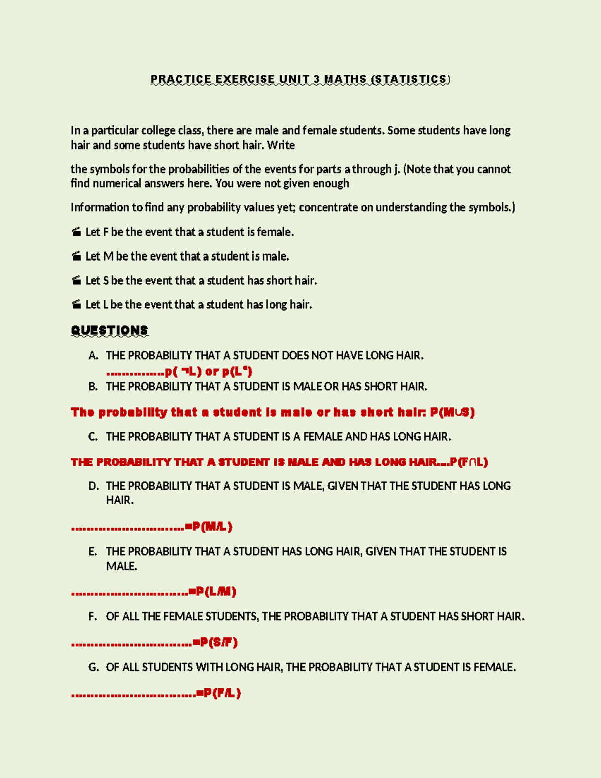 Practice Exercise UNIT 3 MATHS (Statistics) - Probability Symbols - Studocu