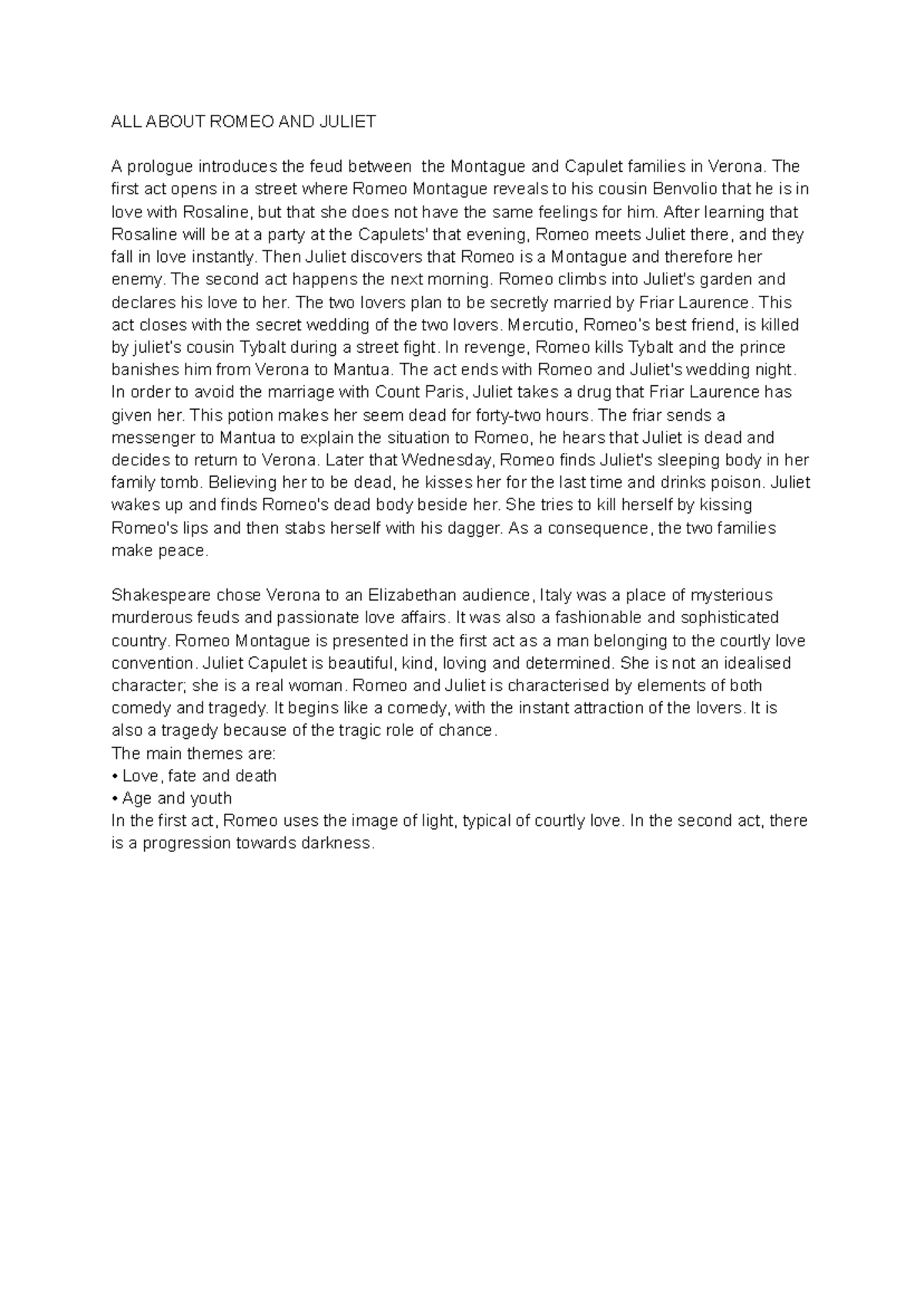 ENG 101: Summary and Analysis of Romeo and Juliet - Studocu
