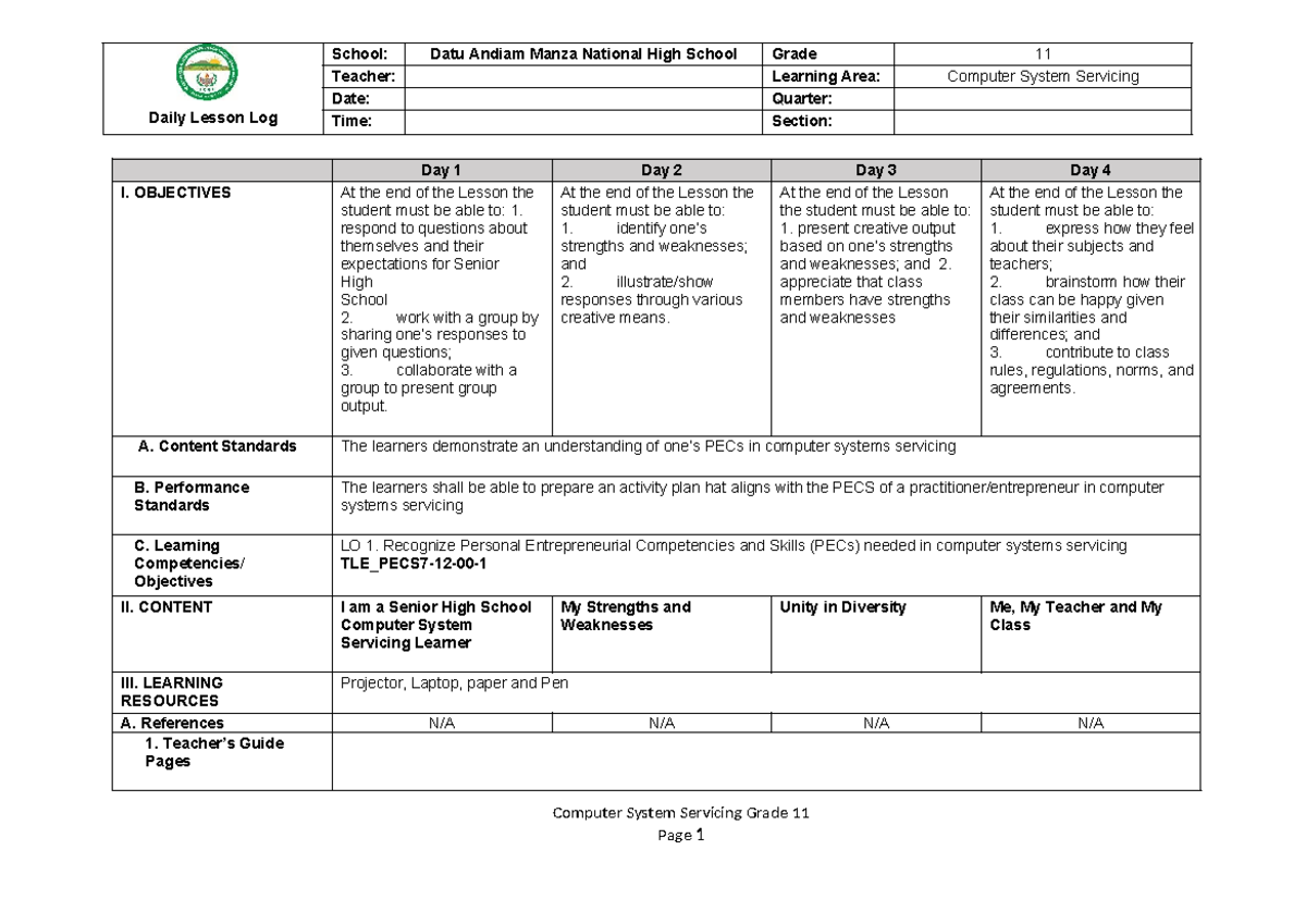 DLL CSS11 Week 1 - Comprehensive Daily Lesson Log for Computer ...