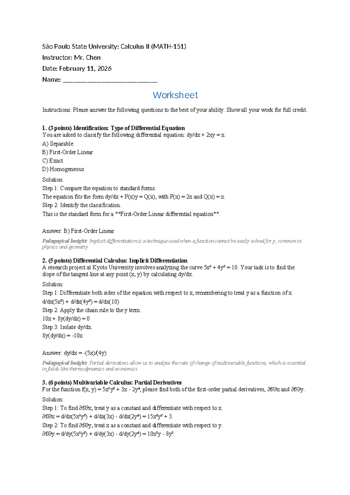 Calculus II Worksheet 3857: Differential Equations & Derivatives ...