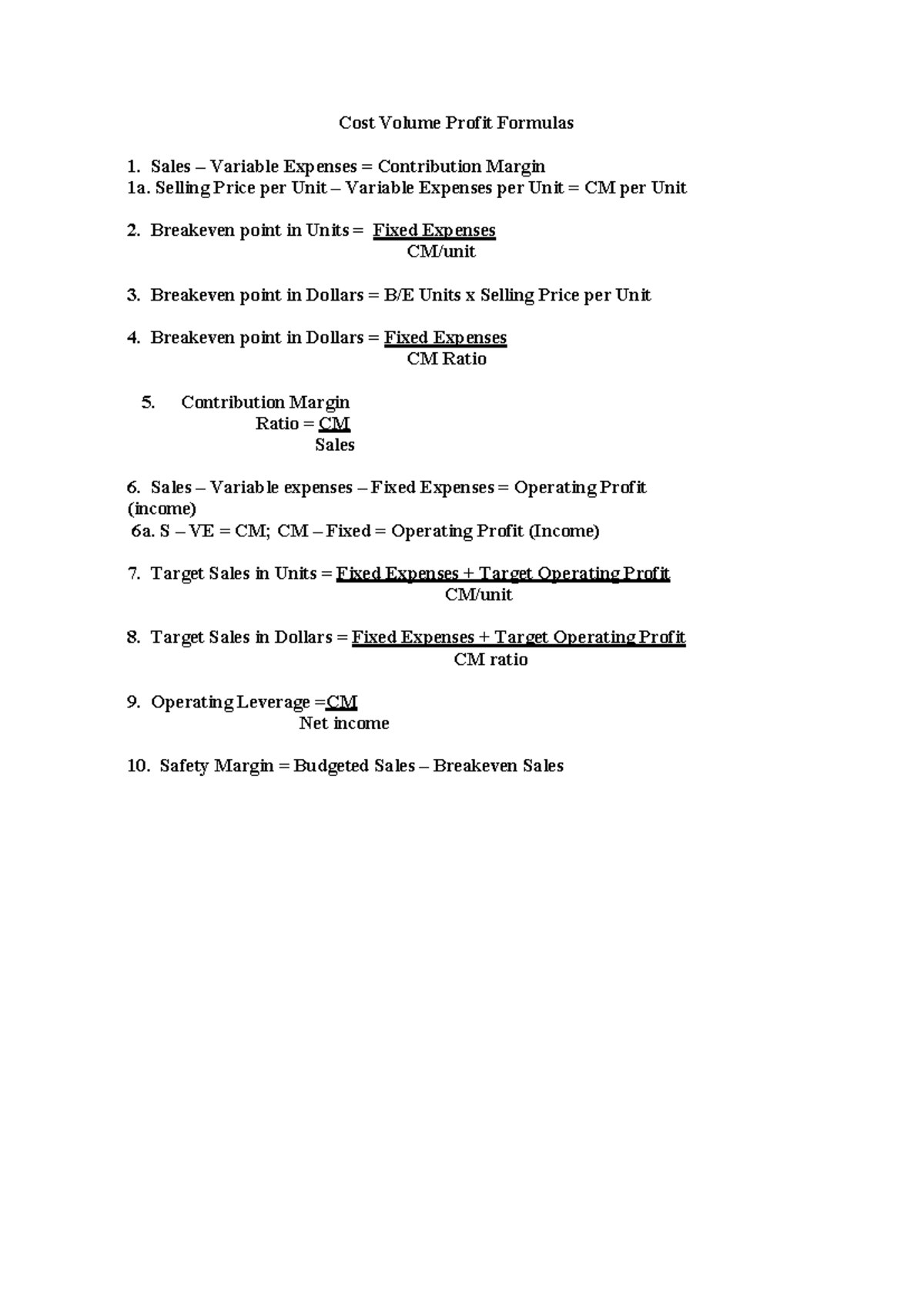 Cost Volume Profit Formulas - Cost Volume Profit Formulas Sales ...
