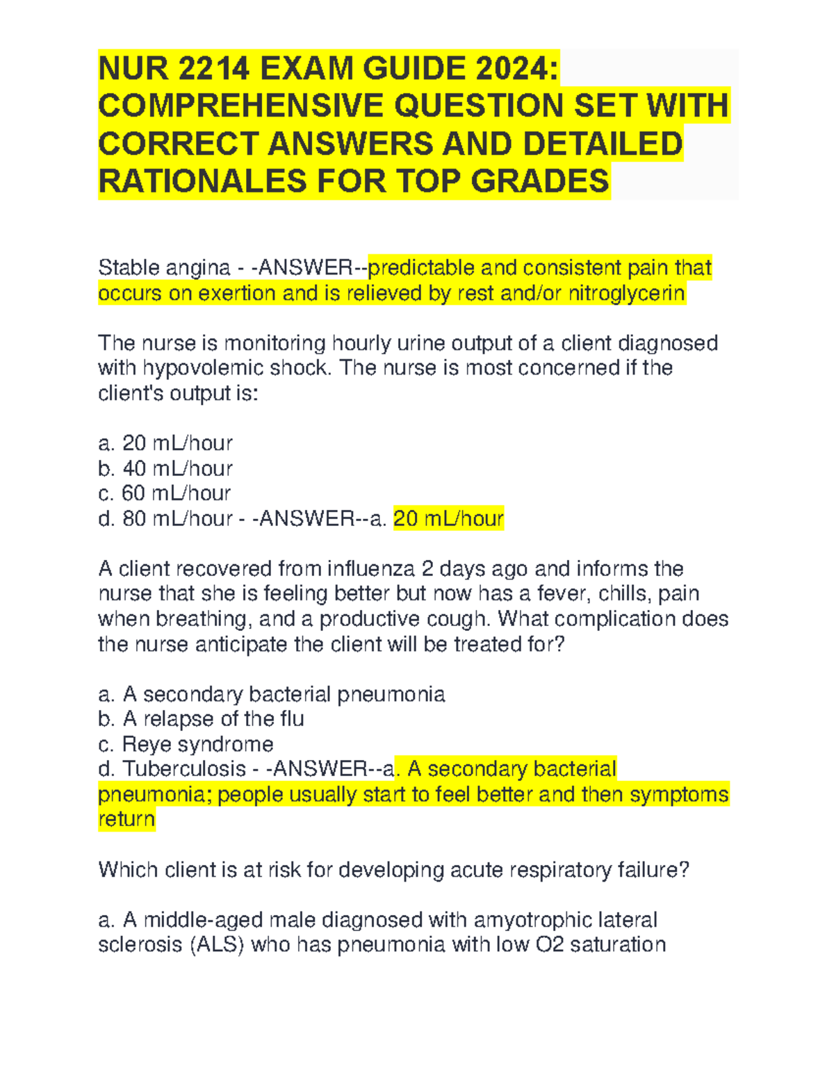 NUR 2214 Final Exam Study Guide 2024: Comprehensive Q&A with Rationale ...