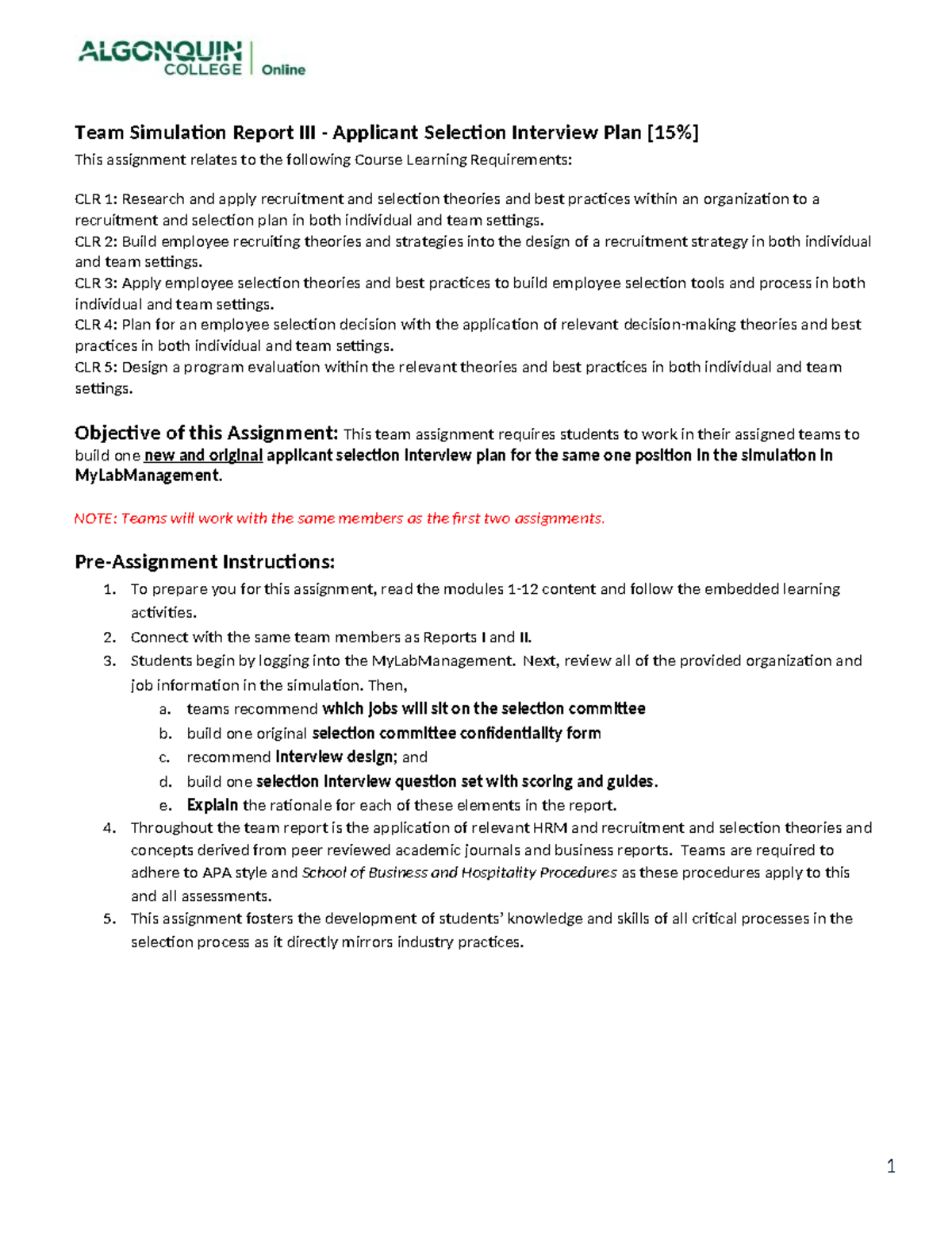 Team Simulation Report III: Applicant Selection Interview Plan [15% ...