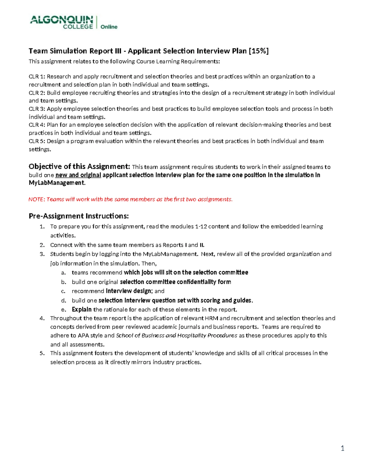 Nov 10 - n/a - 1 Team Simulation Report II -Applicant Screening Plan ...