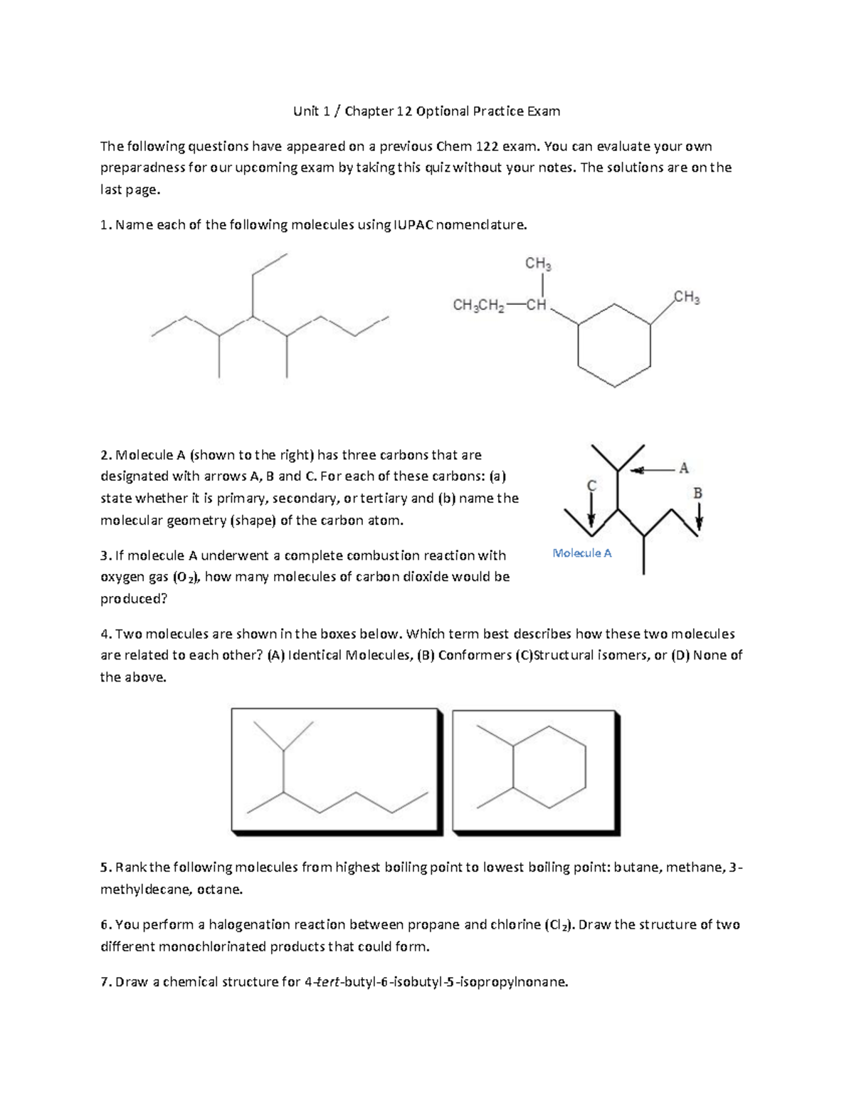 Chem 122 Unit 1 Chapter 12 Optional Practice Exam Questions - Studocu