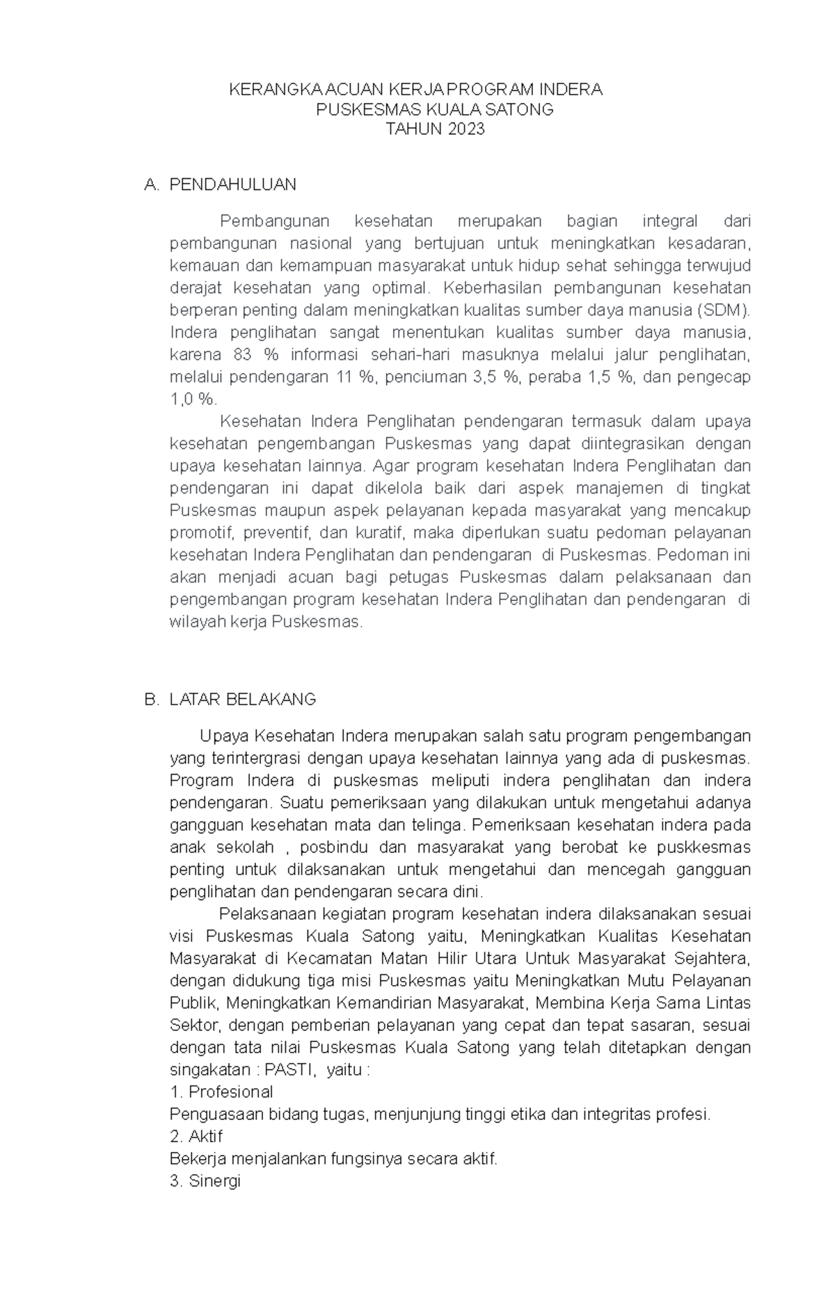 Kerangka Acuan Kerja Program Indera Kesehatan Puskesmas 2023 - Document Preview