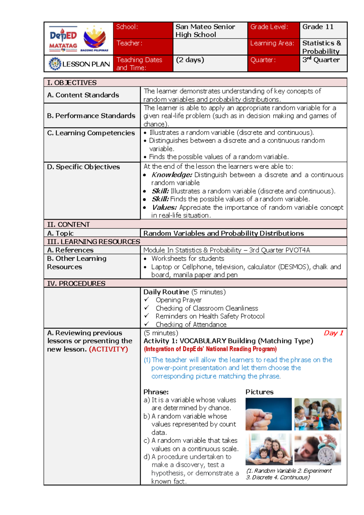 SLP-WEEK 2 Lesson Plan: Random Variables & Probability Distribution ...