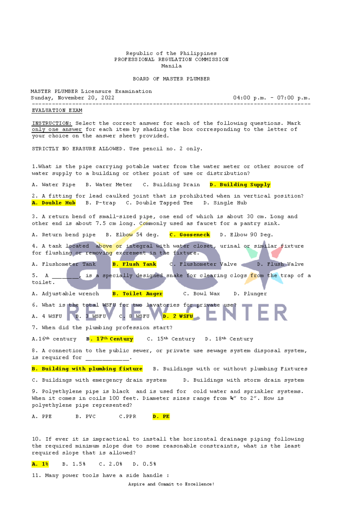 MASTER PLUMBER Licensure Exam 2022: Answer Key & Review Guide - Studocu