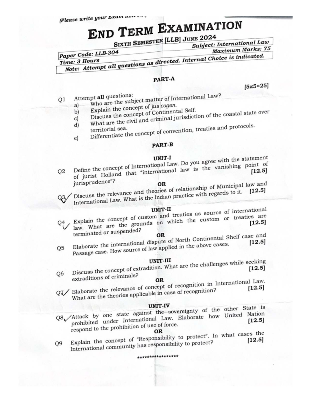 6th Semester International Law End Term Exam QP 2024 IPU-2 - Studocu