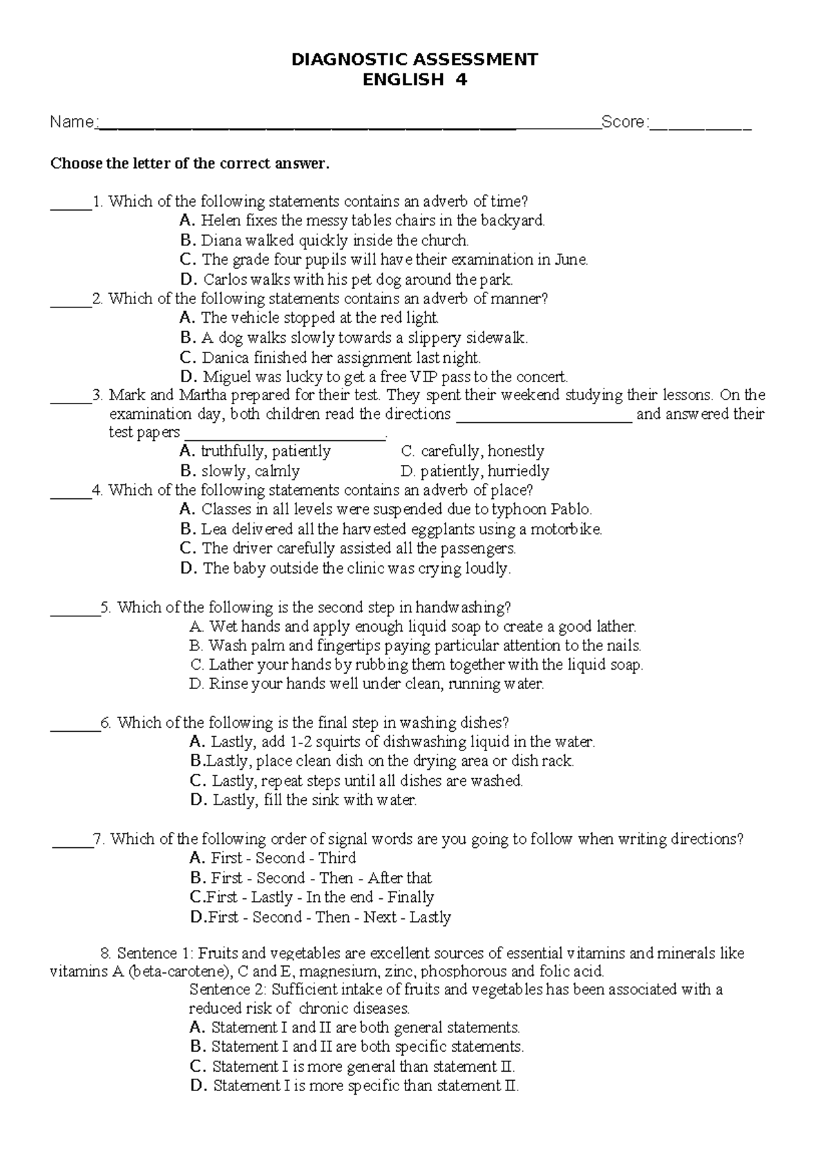 Grade 4 English Diagnostic Assessment Tool - Comprehensive Test - Studocu
