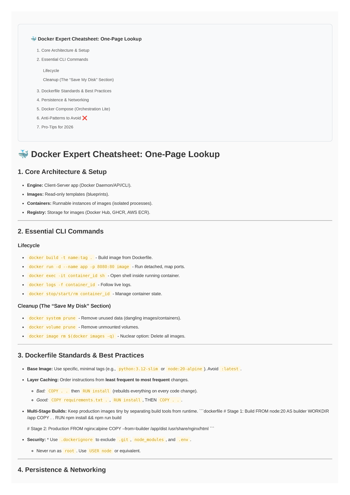 Docker Expert Cheatsheet: Core Setup, CLI, Best Practices & More - Studocu