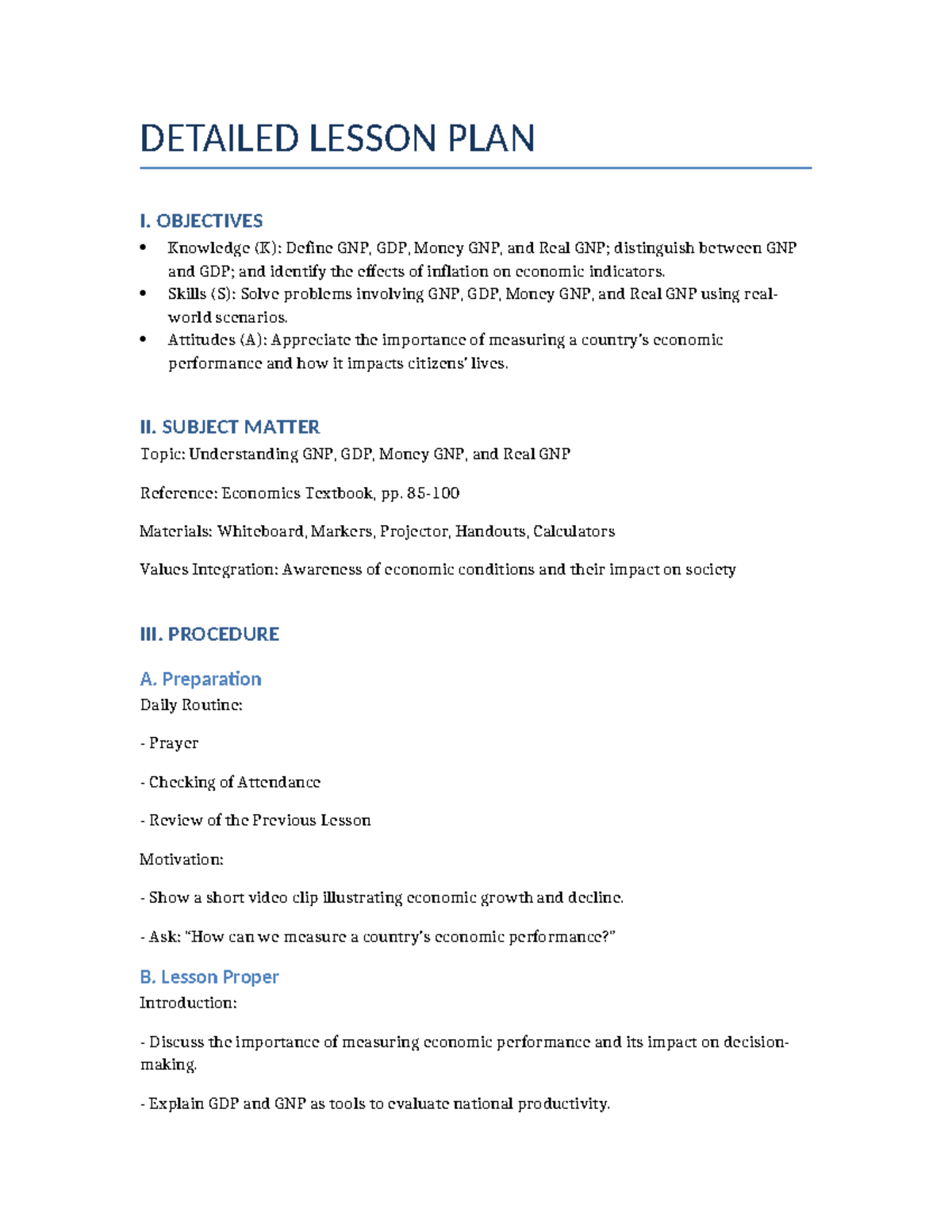 Detailed Lesson Plan on GNP vs. GDP for Economic Analysis - Studocu