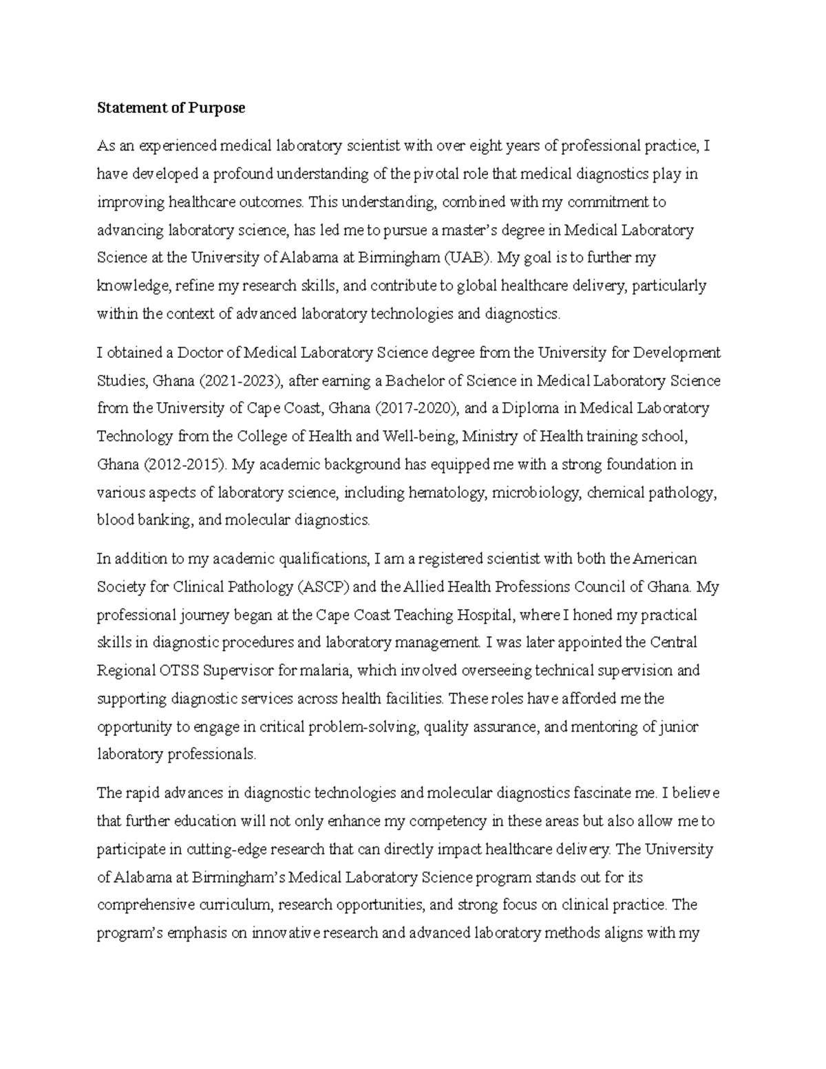 Statement of Purpose for Medical Laboratory Science Program (MLS 101 ...