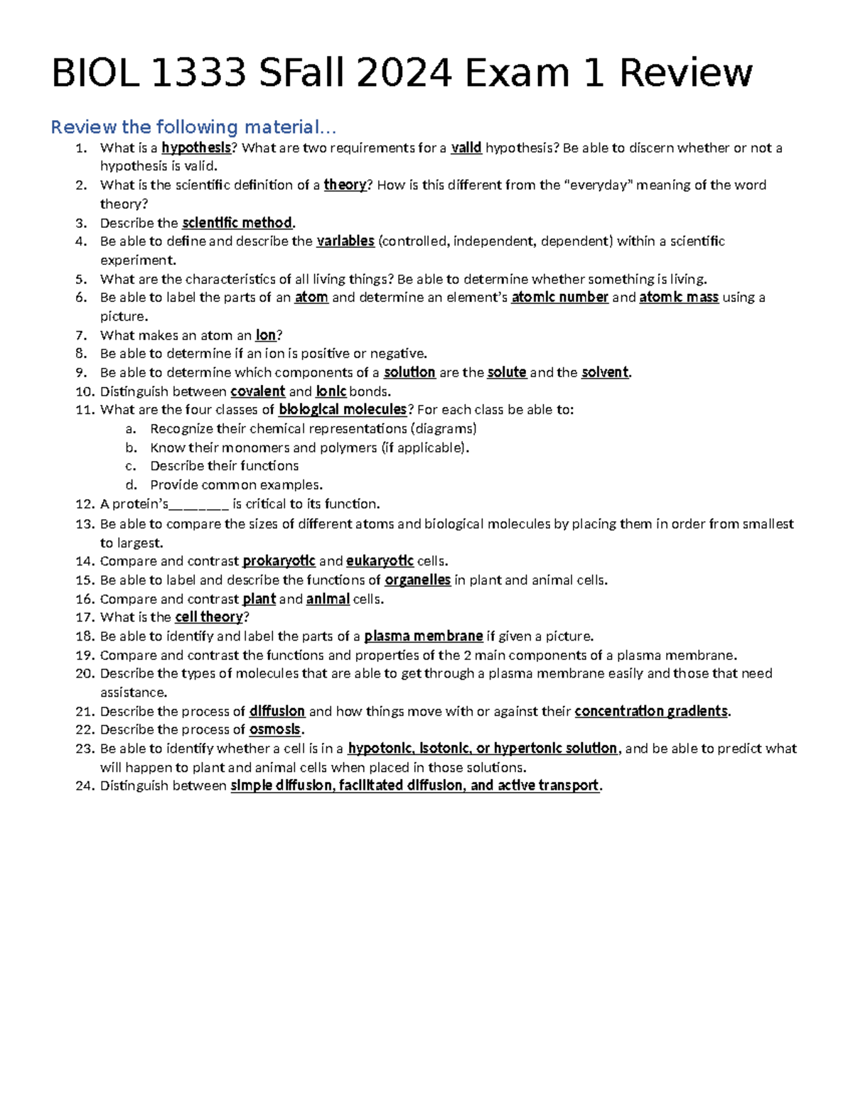 BIOL1333 Exam 1 Review Fall 2024: Key Concepts & Definitions - Studocu