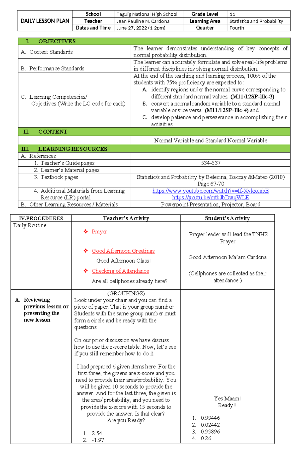 COT1 - Daily Lesson Plan for Statistics and Probability - Grade 11 ...