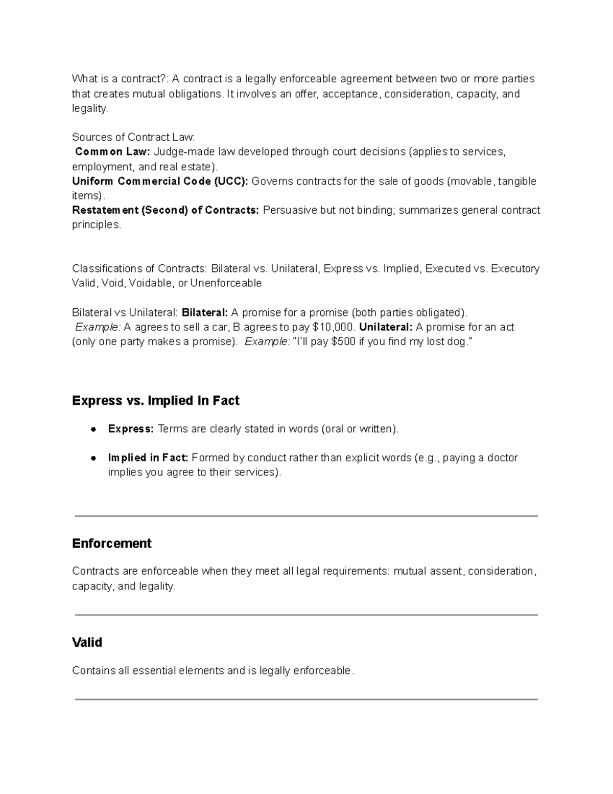 Contract Law Overview: Key Concepts and Classifications - Studocu