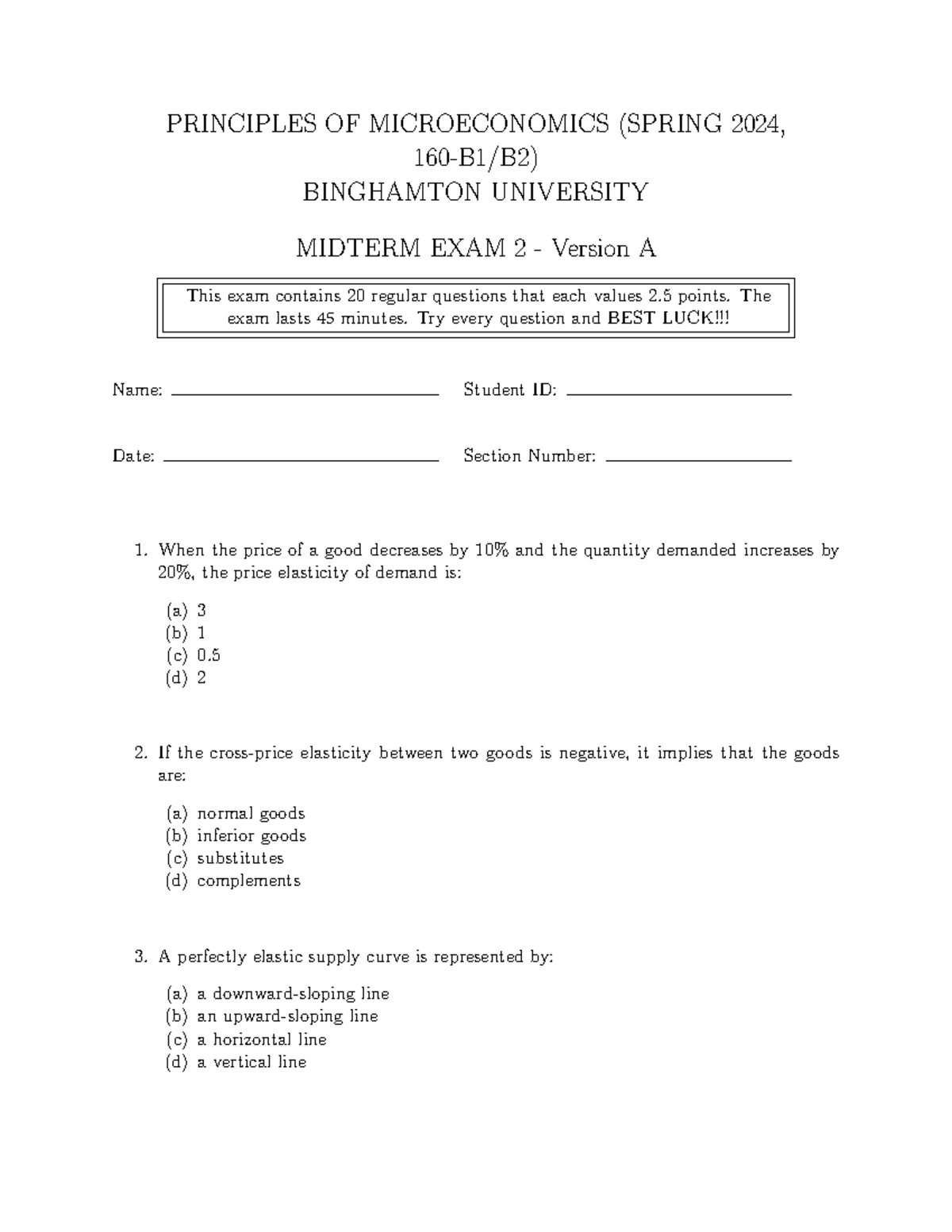 Midterm Exam 2 - Microeconomics (ECON 160-B1/B2) Spring 2024 - Studocu