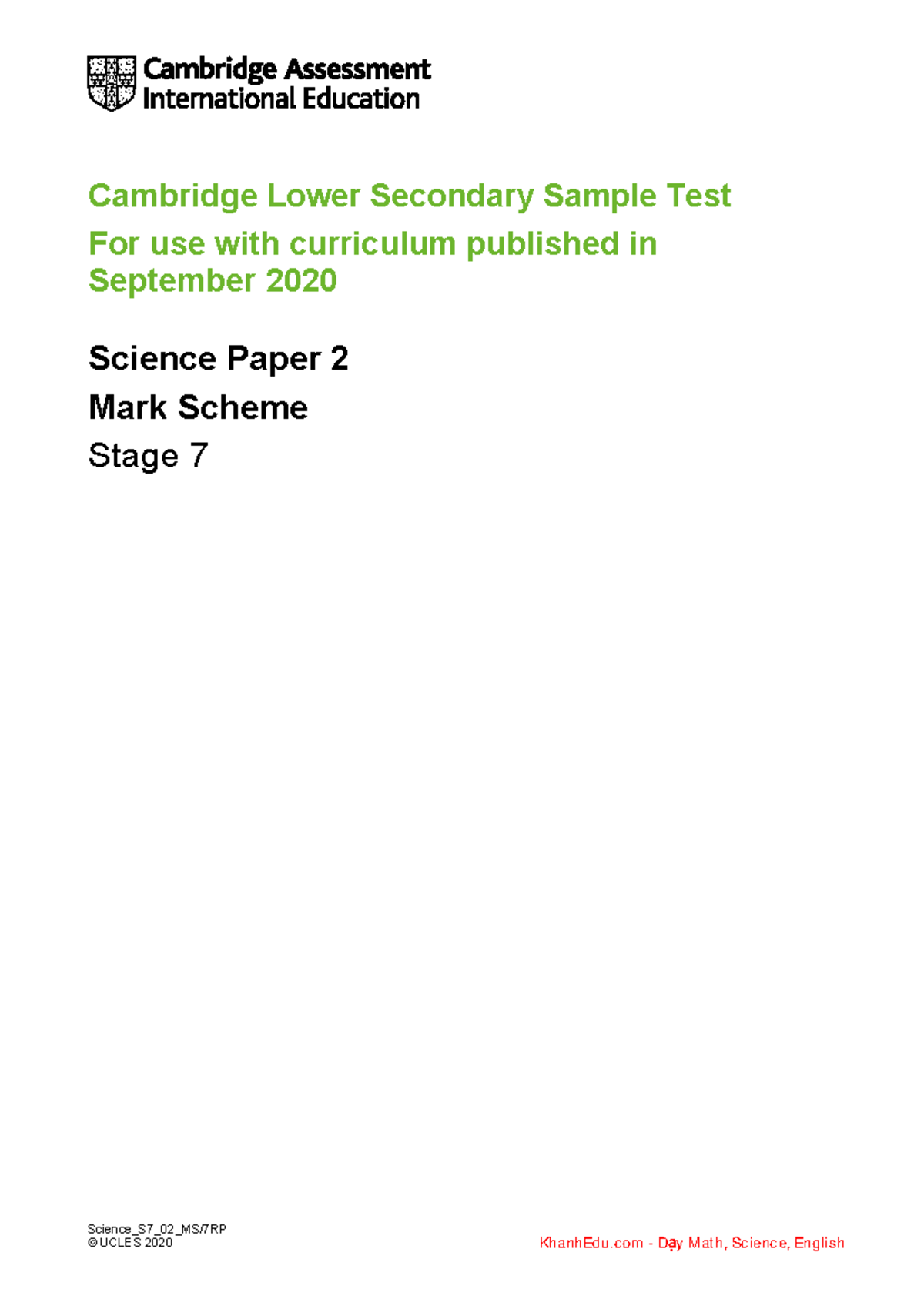 MS Stage 7 Science Progression Test Paper 2 Mark Scheme 2020 - Studocu
