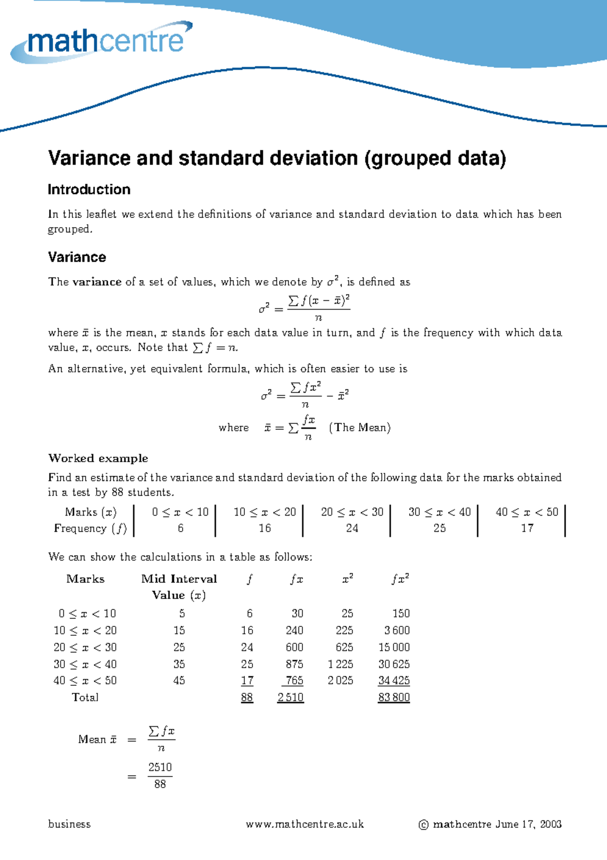 Variance and Standard Deviation (Grouped Data) - Revision Notes - Studocu