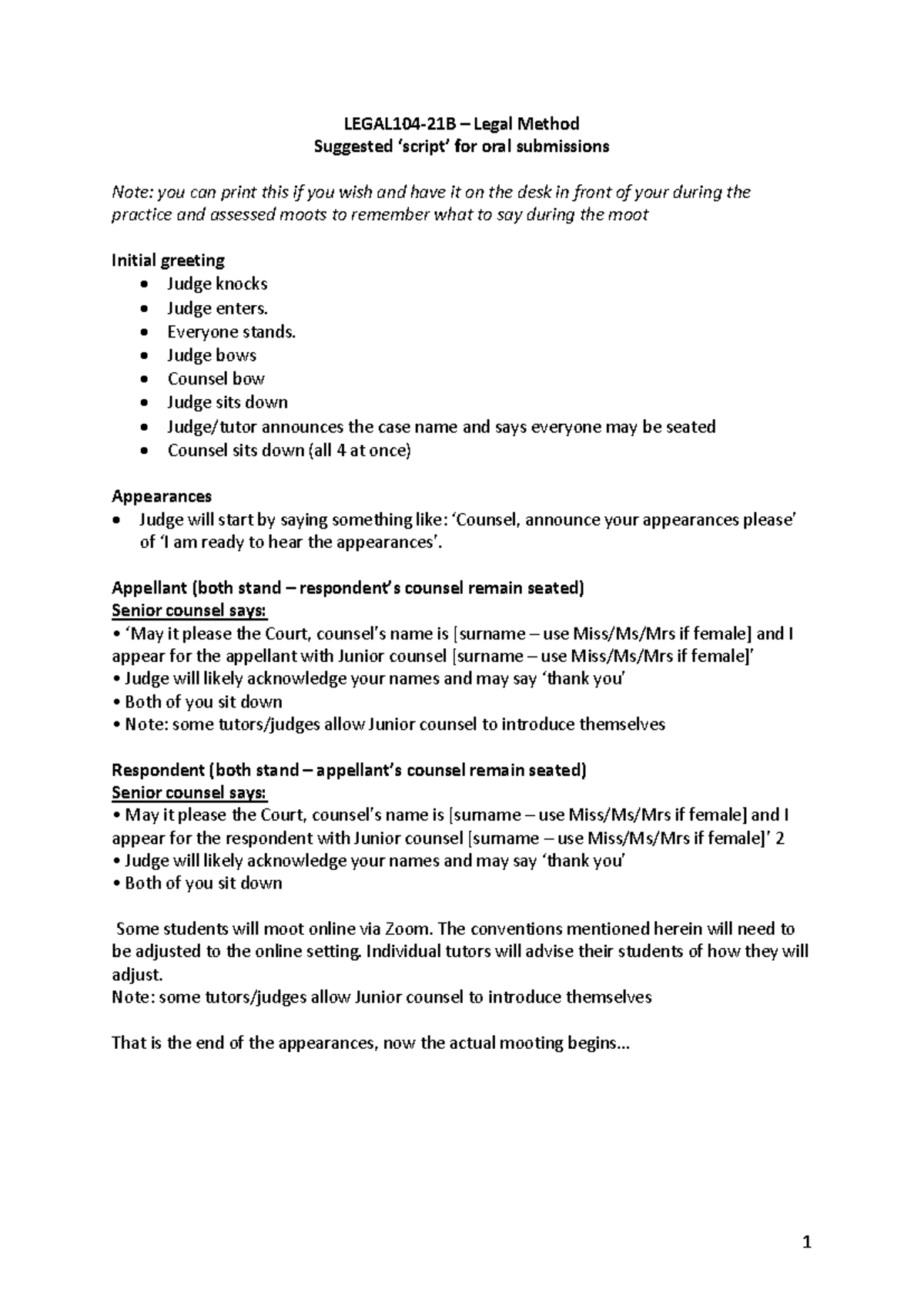 LEGAL104-21B Oral Submission Script for Moot Practice - Studocu