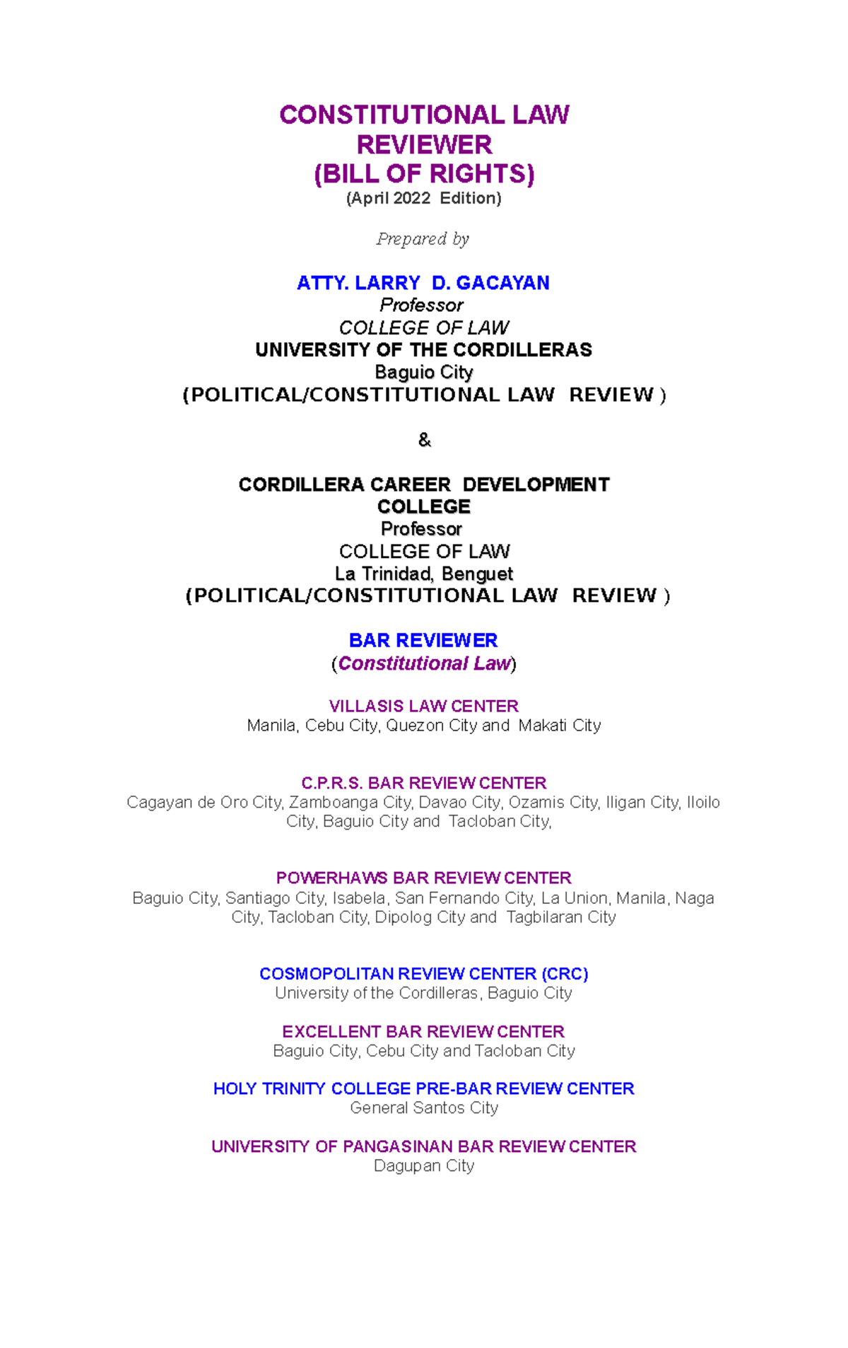 Constitutional Law (POL 101) Reviewer - Bill of Rights (April 2022 ...
