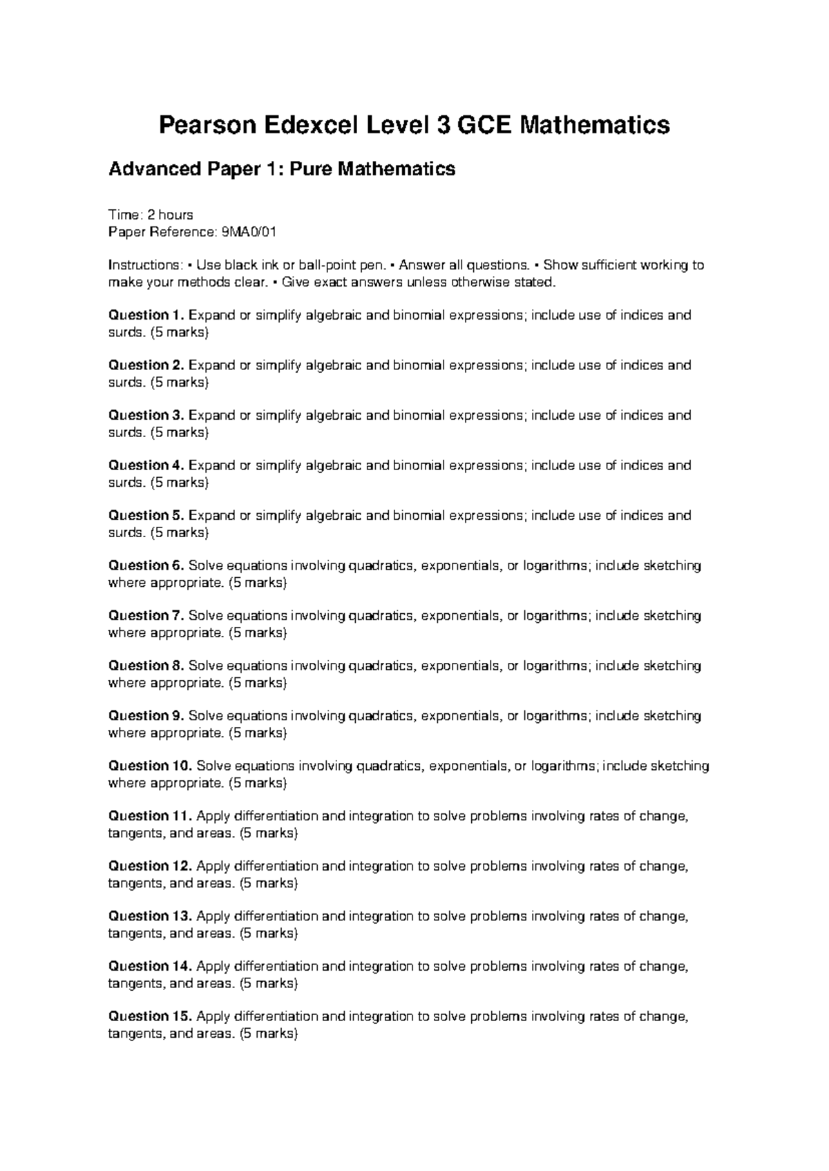 Pearson Edexcel Level 3 GCE Maths Adv Paper 1: Pure Mathematics - Studocu