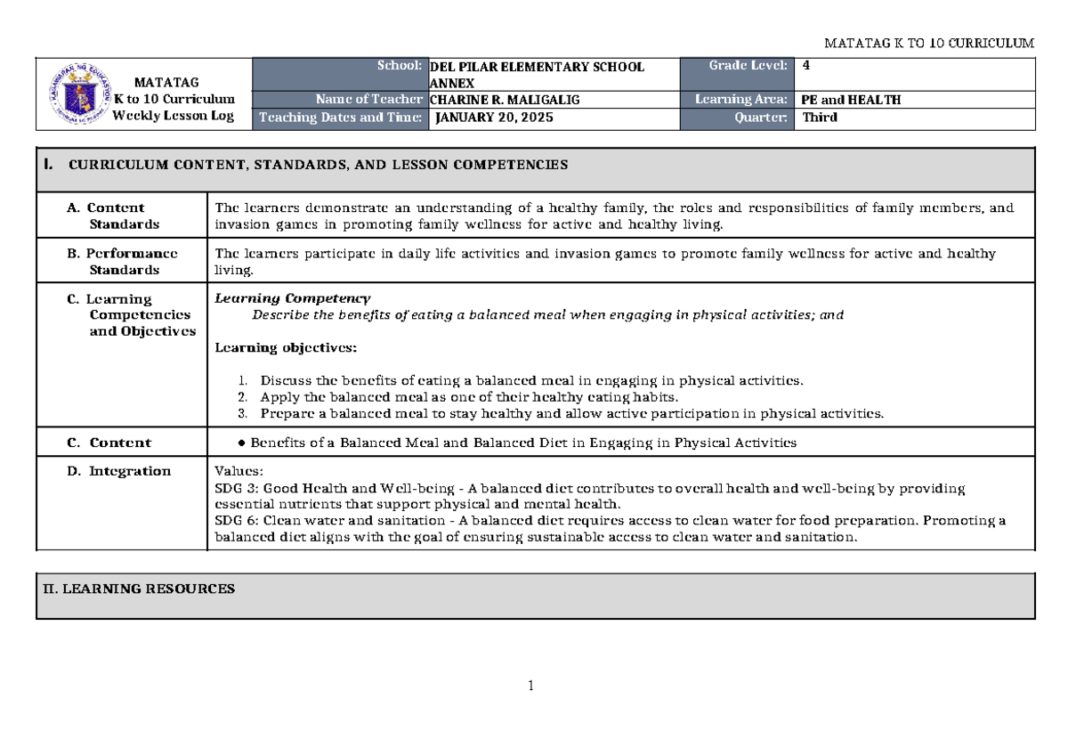 DLL Matatag PE & Health 4 Q3 Weekly Lesson Log - January 2025 - Studocu