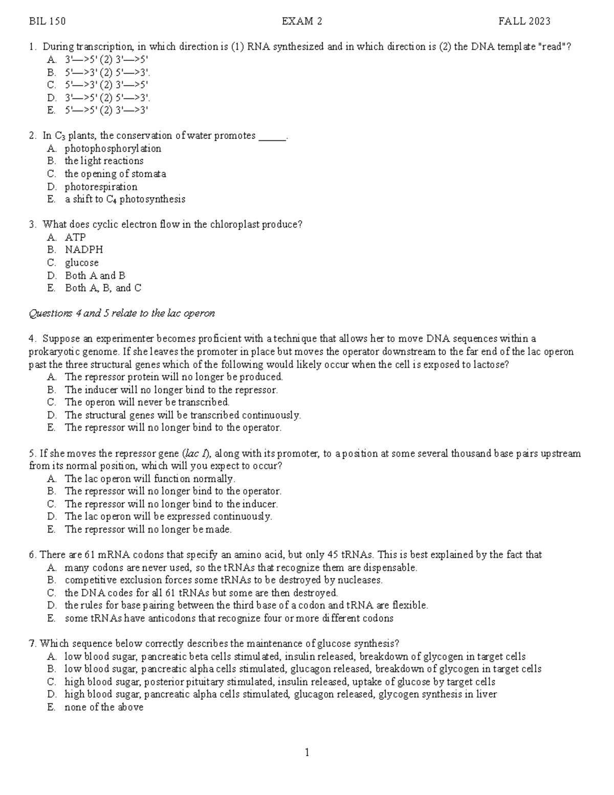 Exam 2 Fall 2023 - Exam 2 fall 2023 - BIL 150 EXAM 2 FALL 20 23 During ...