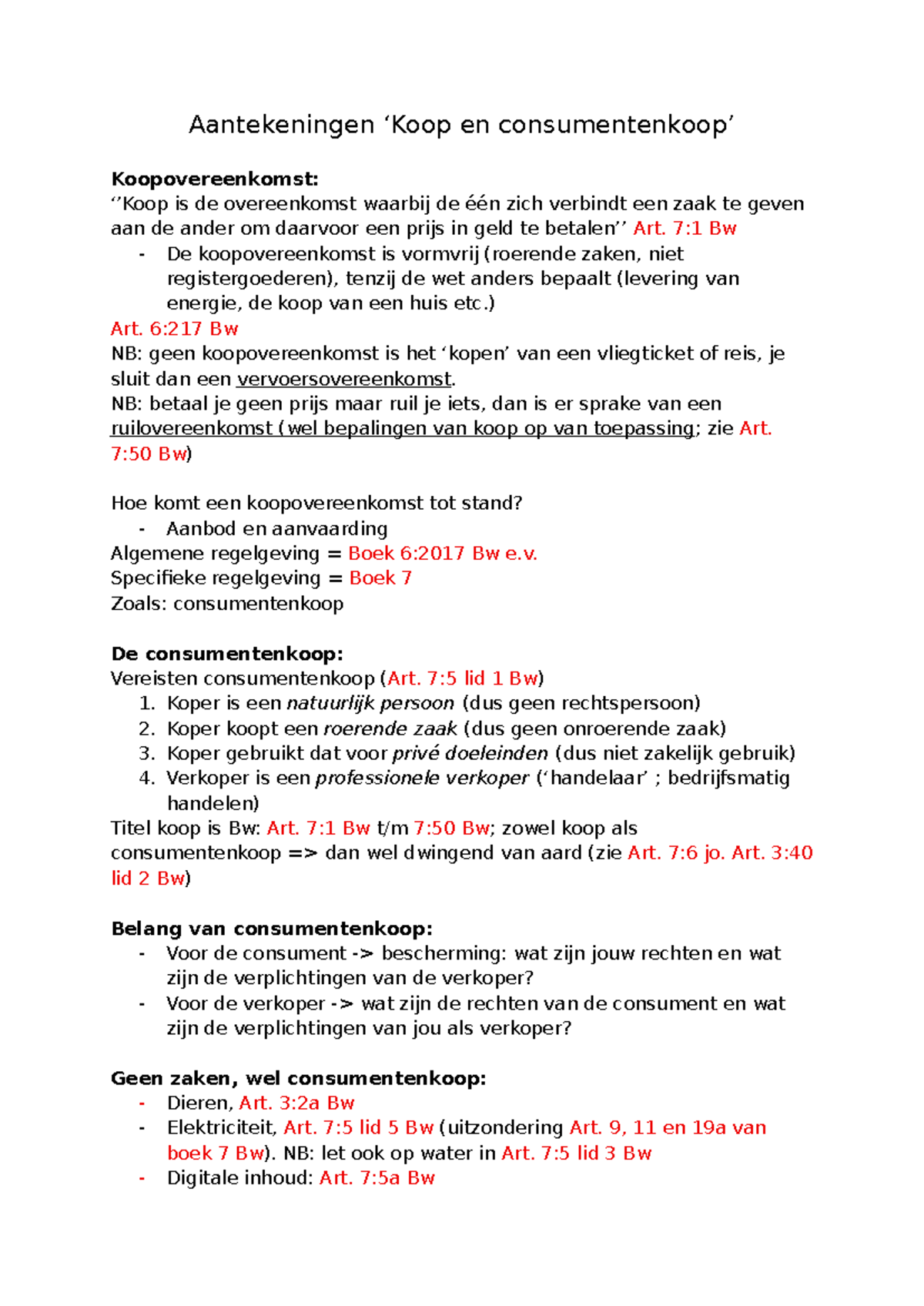 Koop en Consumentenkoop: Inzichten en Regelgeving volgens Bw - Studeersnel