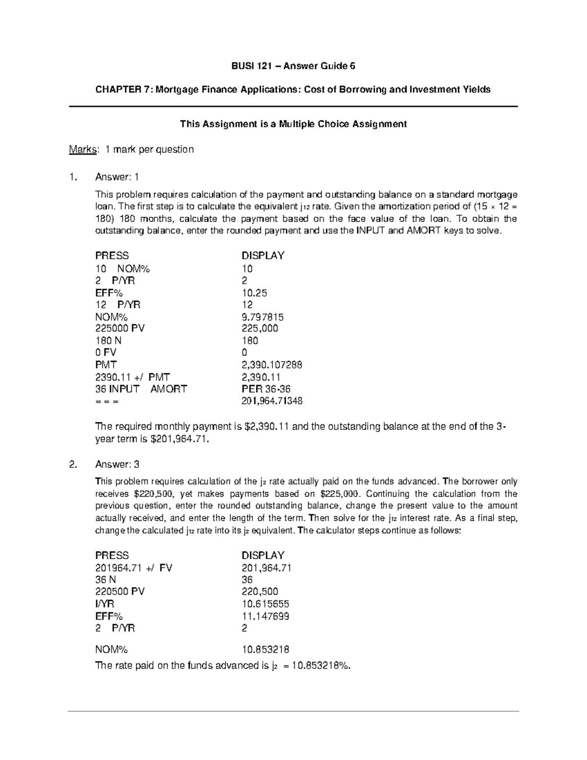 Answer Guide 6 - BUSI 121 Mortgage Finance Applications Assignment ...