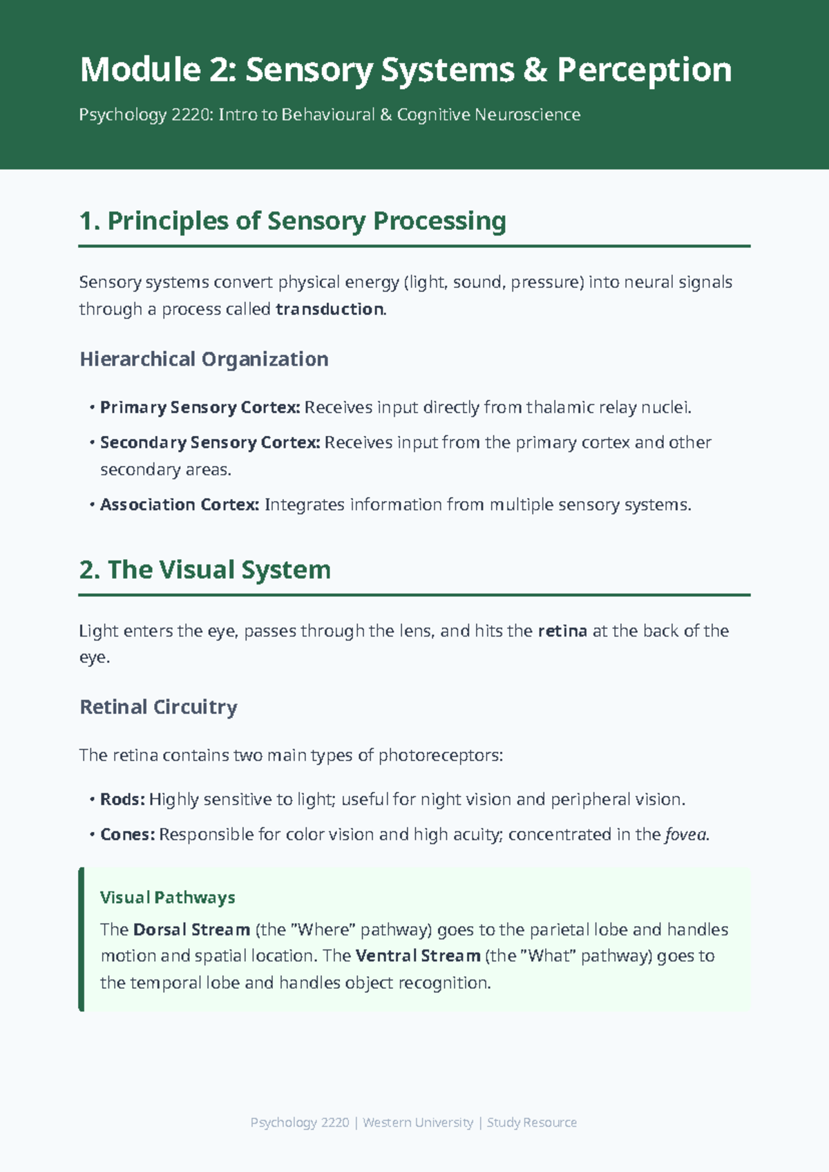 Psych 2220: Module 2 - Sensory Systems in Perception Psychology - Studocu