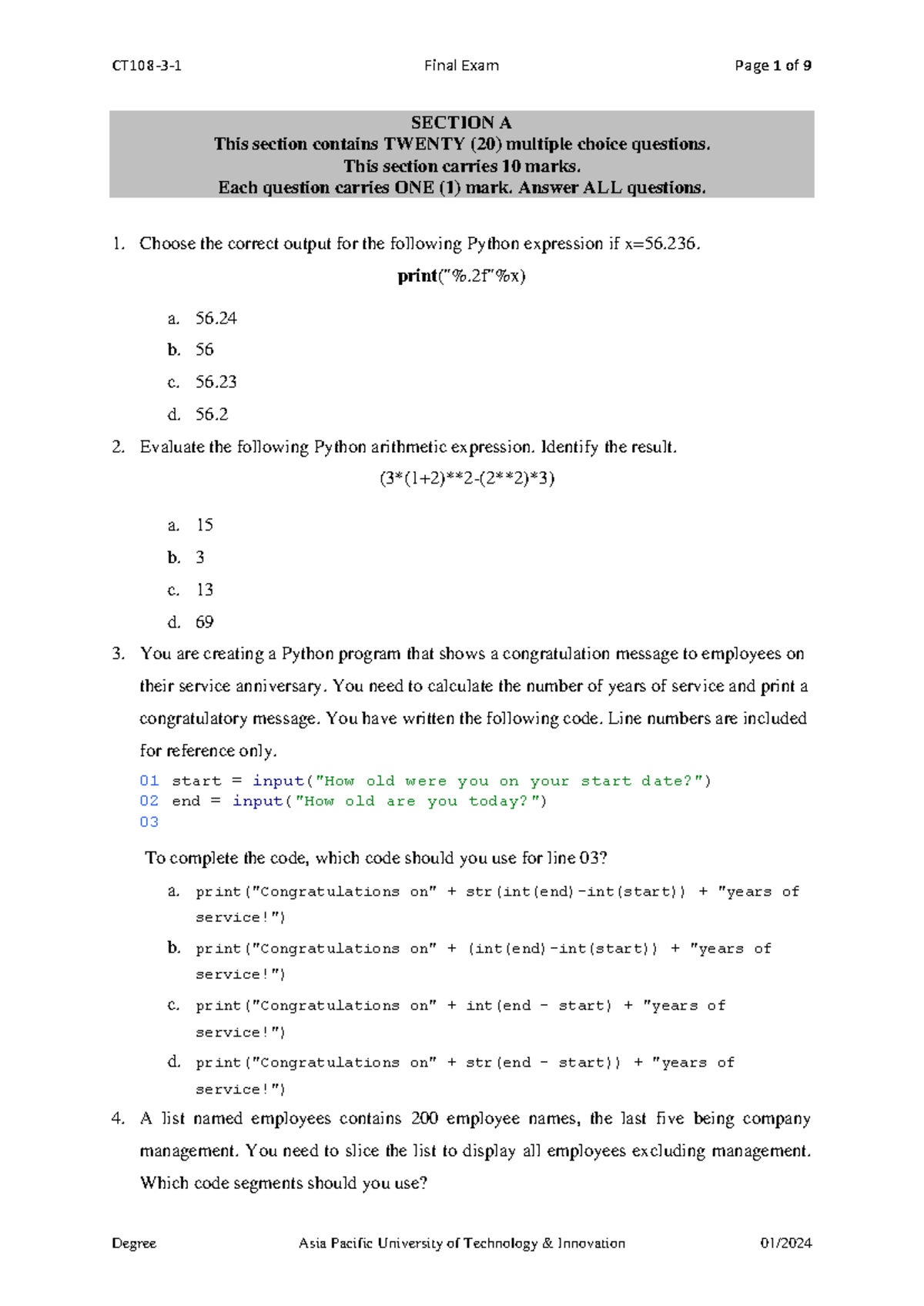 CT108 Final Exam Questions and Answers on Python Programming - Studocu