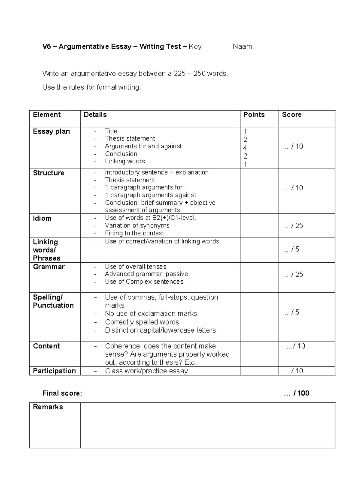 V5 Argumentative Essay Writing Test Key & Rubric Evaluation Guide ...