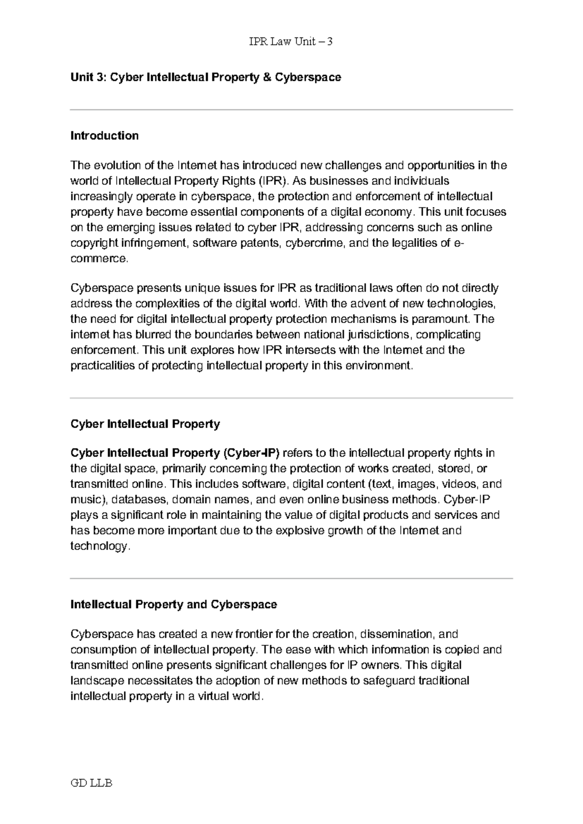 IPR Law - Unit 3: Cyber Intellectual Property & Cyberspace Issues - Studocu