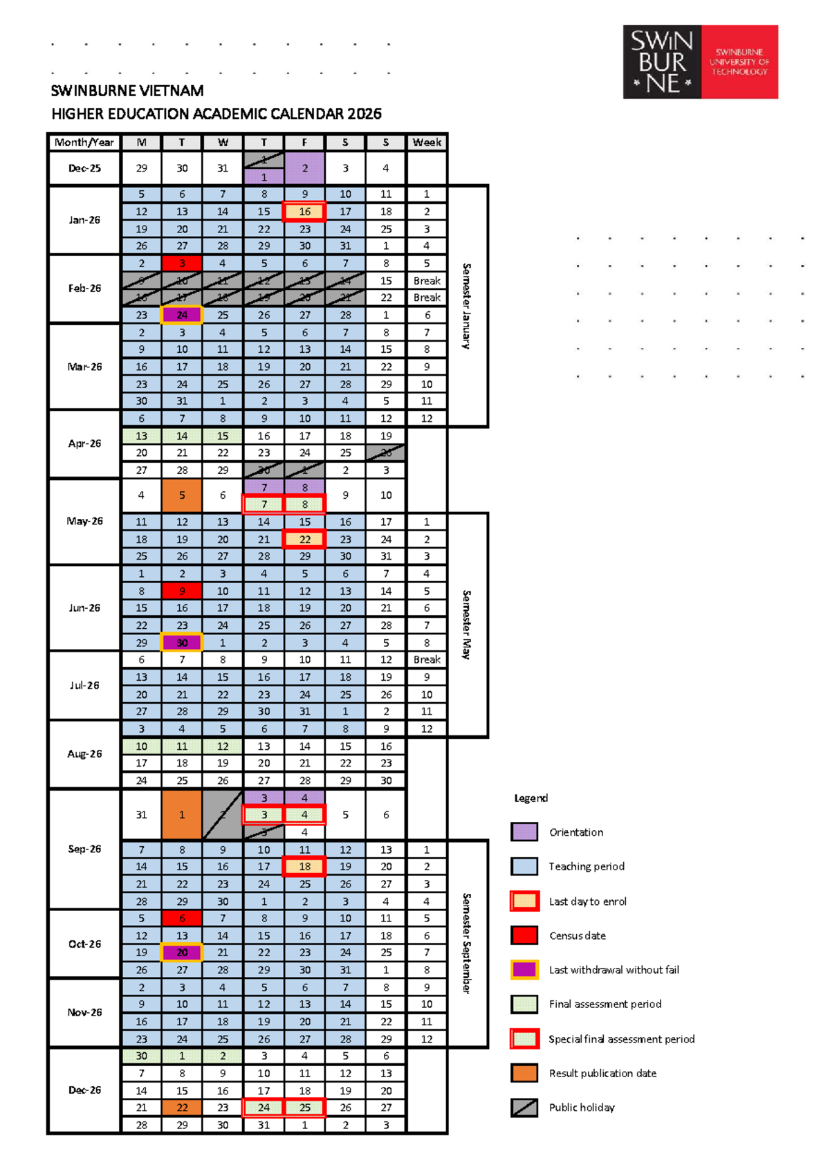 SWINBURNE VIETNAM ACADEMIC CALENDAR 2026 - Studocu