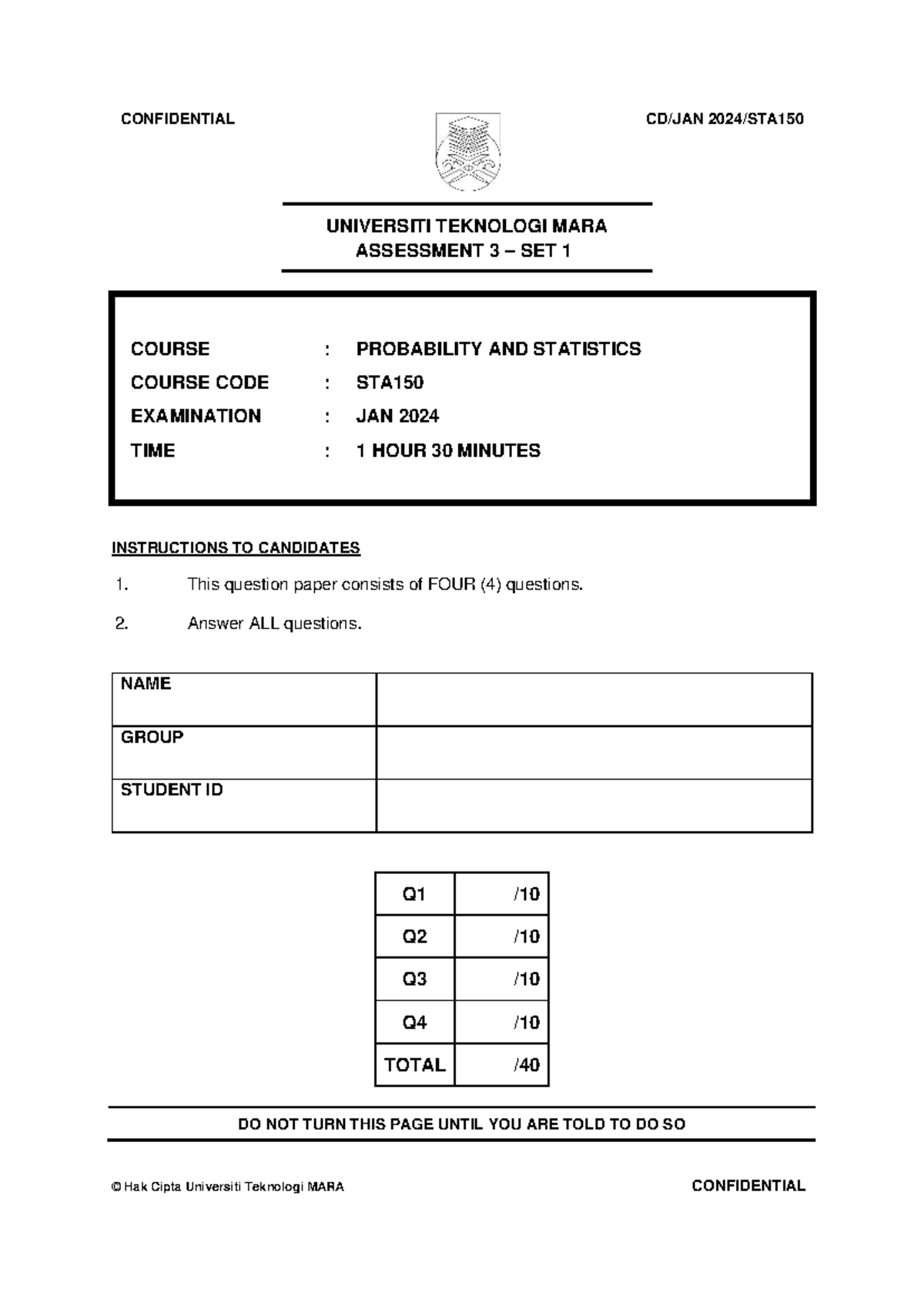 Test STA150: Probability and Statistics Assessment 3 Set 1 - Studocu